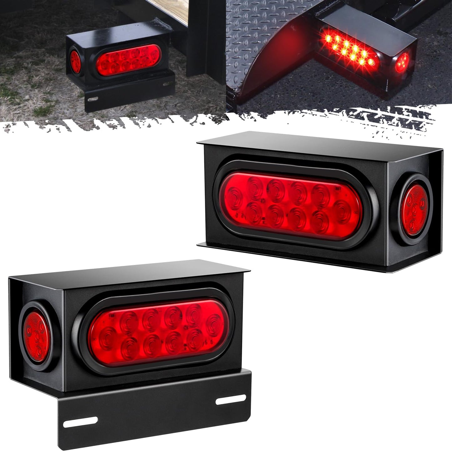 Partsam 2Pcs Steel Trailer RV Light Boxes Housing Kit w/ 6 Inch Oval Red Led Trailer Tail Lights 10LED and 2 Inch Red Round Led Side Marker Lights 4LED w/Grommets and Wire connectors