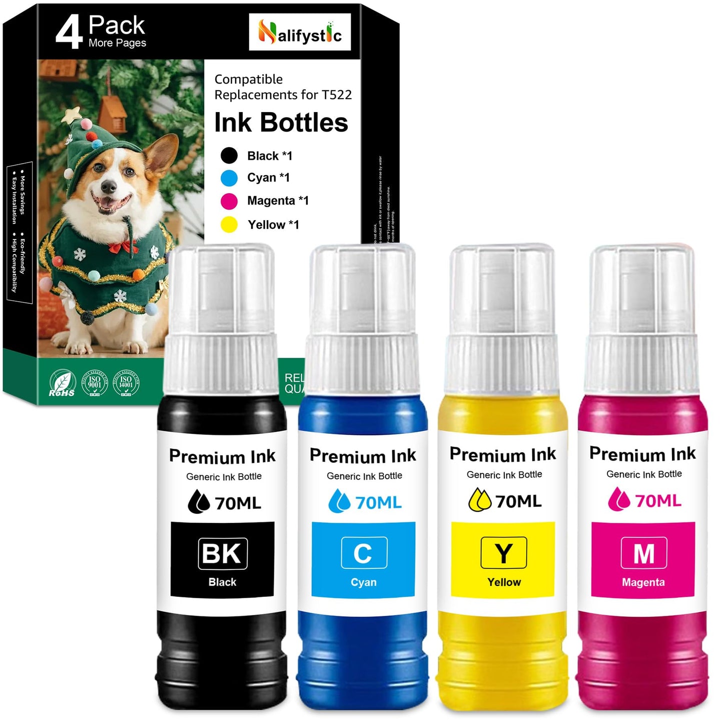 Compatible T522 Ink Refill Bottles Replacement for T522 Ink Bottles Compatible for ET-2400 ET-2720 ET-2800 ET-2803 ET-2840 ET-4700 ET-4800 ET-4810 Printers 4 Pack (1 Black/1 Cyan/1 Magenta/1 Yellow)