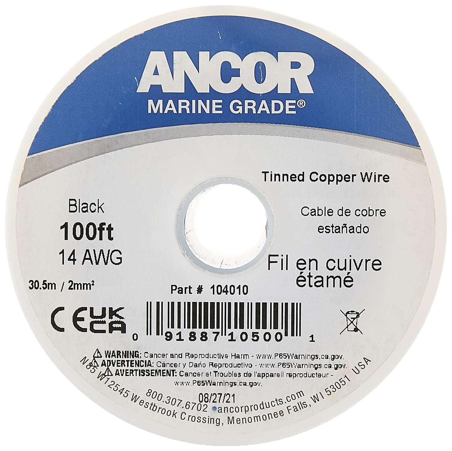 Ancor 104010 Tinned Copper Wire, 14 AWG (2mm2), Black - 100ft