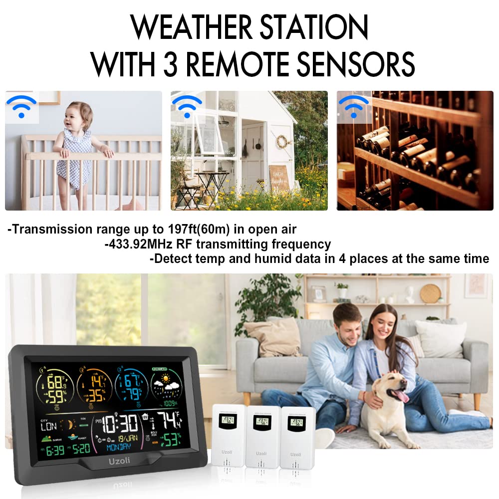 Uzoli EM3390 7.5" Weather Station, Weather Station Wireless Indoor Outdoor Thermometer, Digital Weather Stations 3 Sensors with Atomic Clock, Barometer, Moon Phase, Large Screen Monitor for Home Use