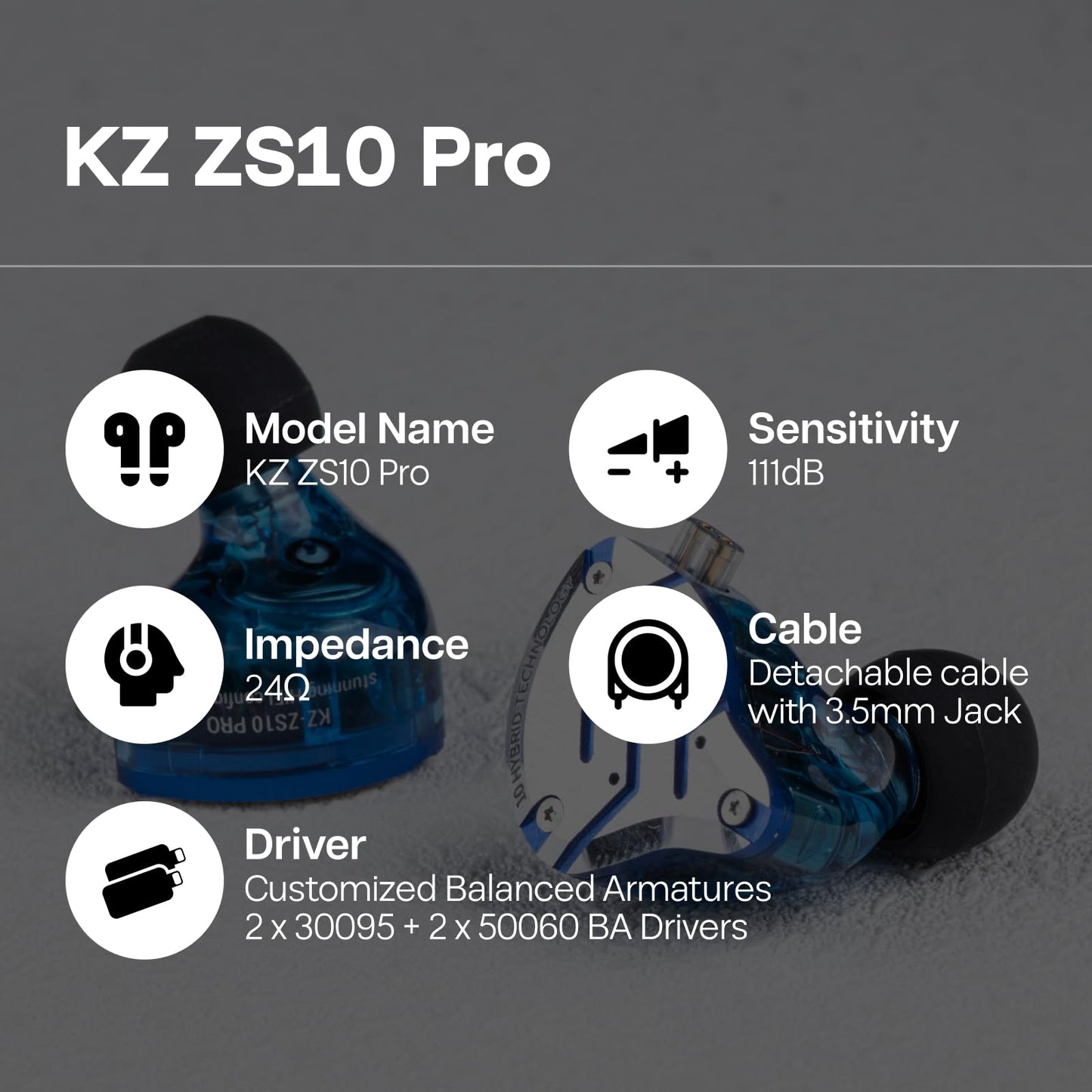 Linsoul KZ ZS10 Pro, 4BA+1DD 5 Driver in Ear Monitor, HiFi Wired Earbuds, Gaming Earbuds, Hybrid IEM Earphones with Stainless Steel Faceplate, Recessed 2 Pin Detachable Cable (Without Mic, Glare Blue)
