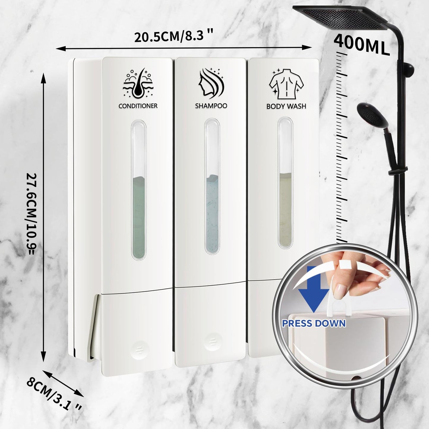 KOYFOYO Shampoo and Conditioner Dispenser, Shower Soap Dispenser 3 Chamber No Drill, Shampoo Dispenser for Shower Wall, Body Wash Dispenser Wall Mounted for Bathroom Hotel (3x13.5oz White)