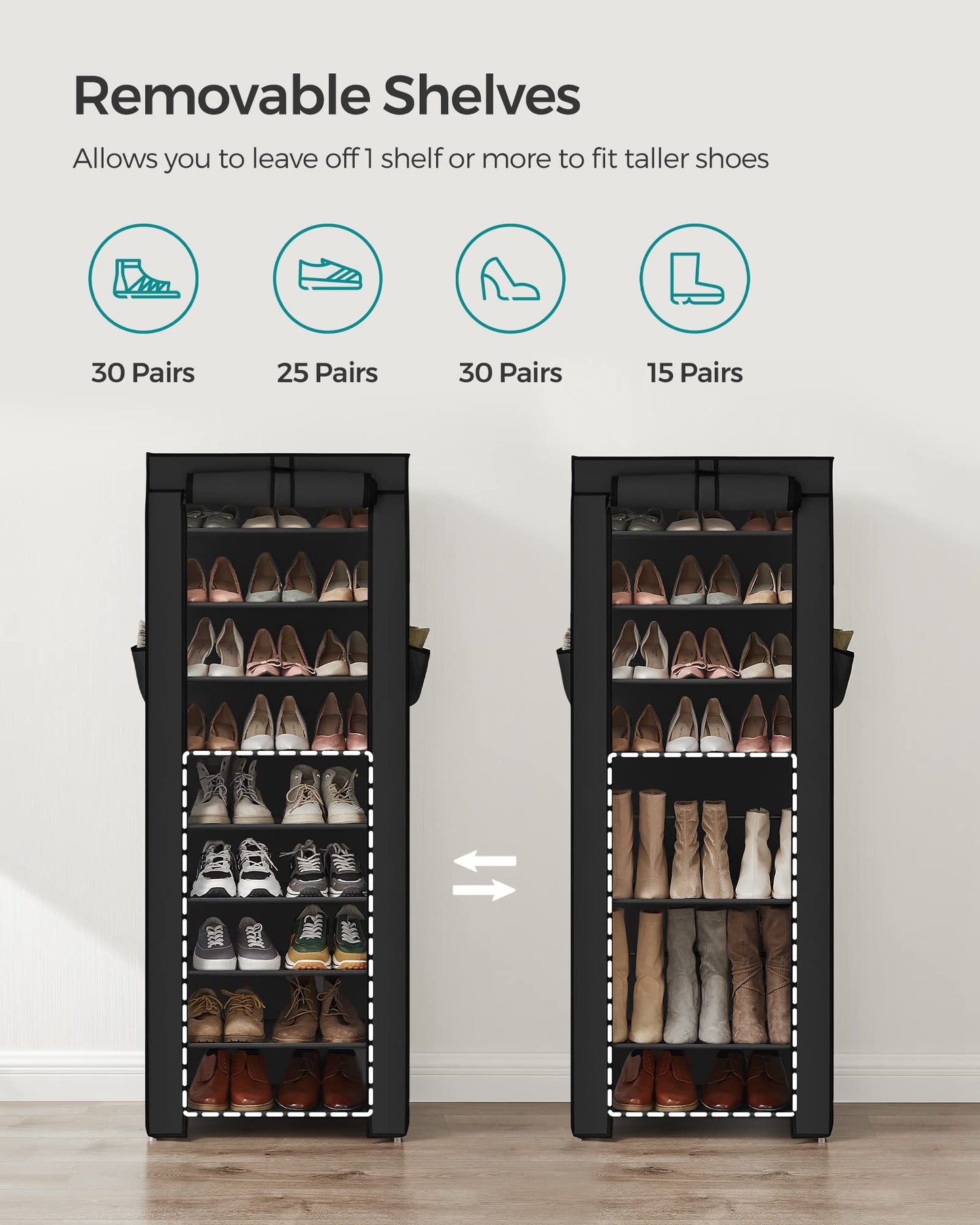 SONGMICS 10-Tier Shoe Rack, Shoe Storage Organizer Cabinet with Dustproof Cover, Free-Standing, for Closet, Entryway, Hold 27-35 Pairs, for Sneakers, High Heels, Black URXJ10H01