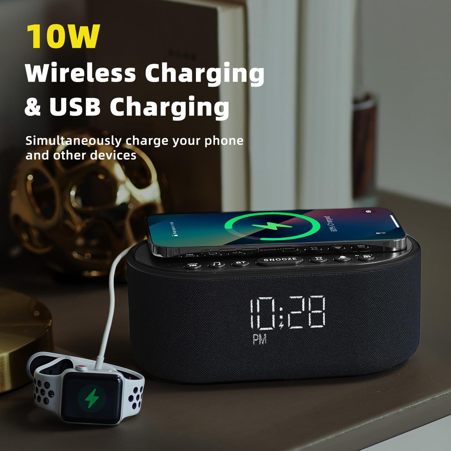Odokee Sound Machine Alarm Clock for Bedrooms: Bluetooth 10W Stereo Sound Speaker with Wireless Charging - White Noise Machine for Sleeping with 21 Soothing Sounds - Black