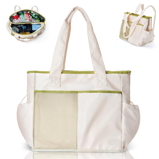 Odoland Cooler Bag, Insulated Leakproof Beach Cooler Backpack with 2 Compartment for Women, 2 in 1 Large Capacity Soft Tote Cooler Bag with Multiple Pockets for Beach Picnic Trip Daily Use,White
