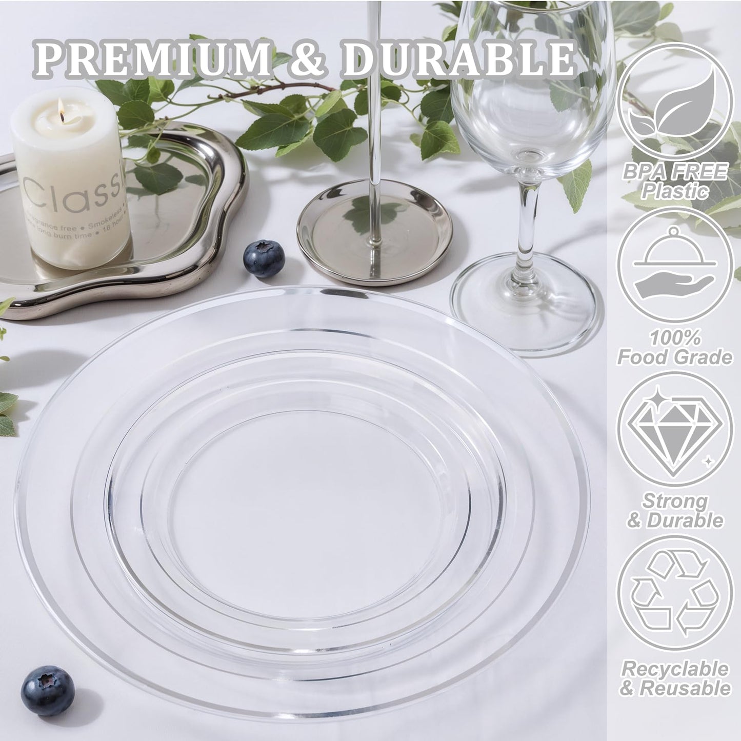 I00000 100PCS Clear Silver Plastic Plates, Clear Plates with Silver Rim, 10 Inch Dinner Plates Premium Party Supply for Wedding Birthdays Party