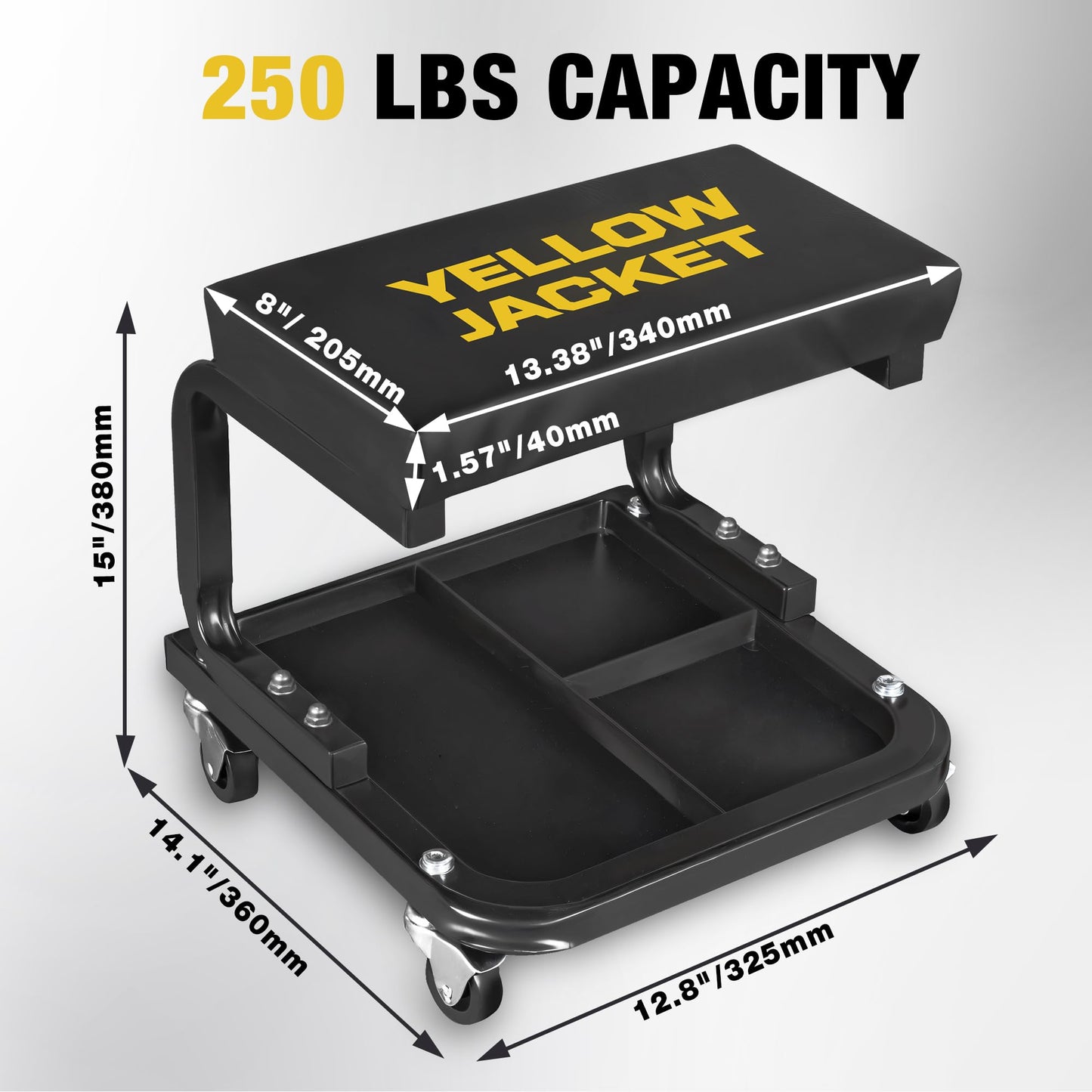YELLOW JACKET Rolling Stool with Wheels 250 LBS Capacity, Shop Mechanic Stool Garage Seat with Tool Tray Storage Workshop Chair for Garage, Shop, Auto Repair
