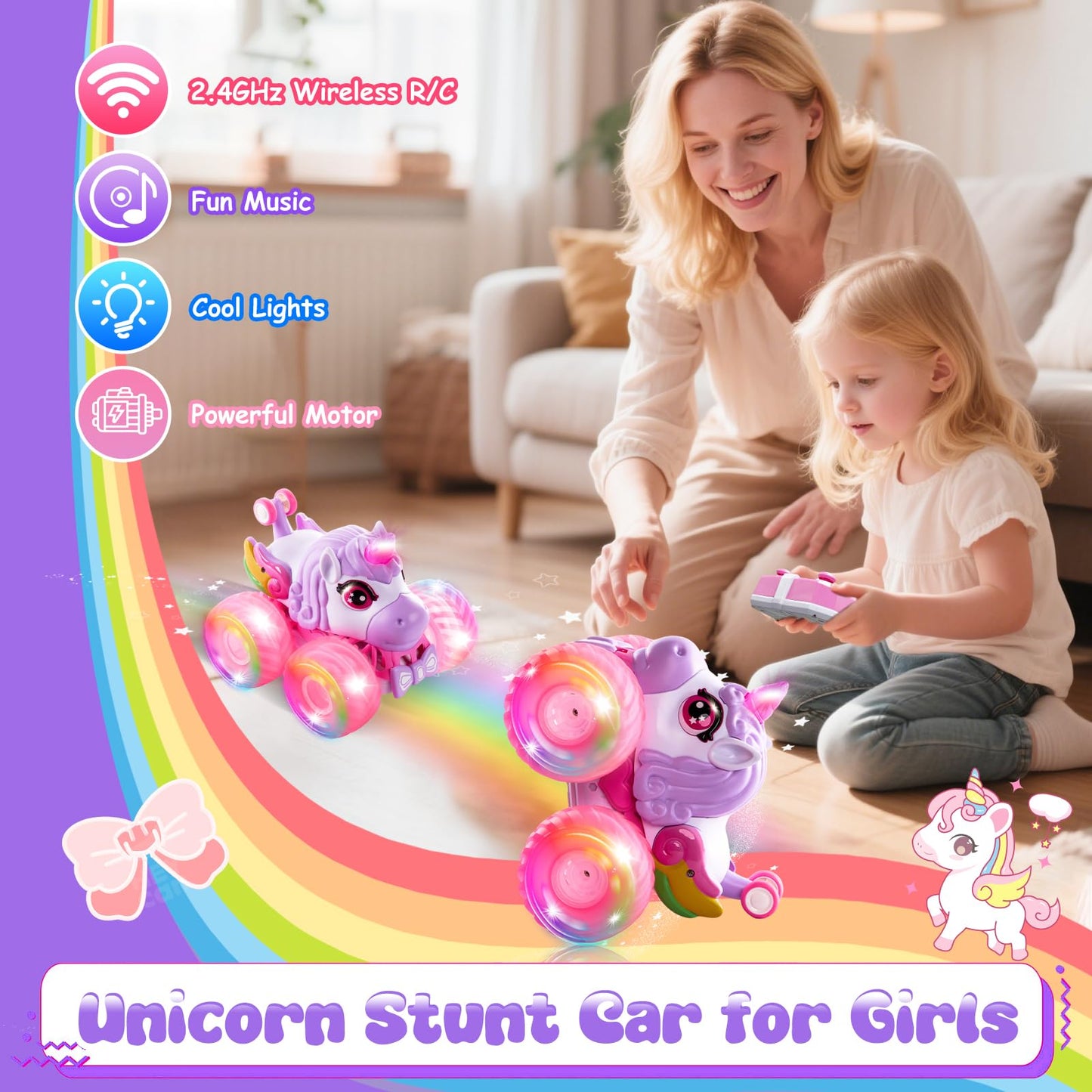 Remote Control Car Unicorn Monster Trucks for Girls 360° Rotating 4WD Stunt RC Cars with LED Lights and Music, 2.4GHz Toy Various Terrain Pink RC Cars Birthday Gifts for Kids Girl Age 3-10 (LY-023)