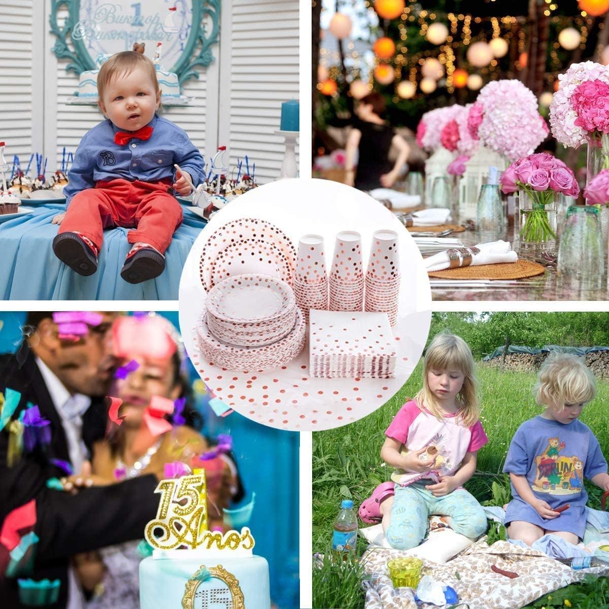 201 PCS Disposable Plates Rose Gold Party Supplies, Polka Dots Paper Plates, Include 50 Dinner Plates,50 Dessert Plates,50 Napkins 50 Cups, 1 Plastic Tablecloth,for Baby Shower Wedding Birthday