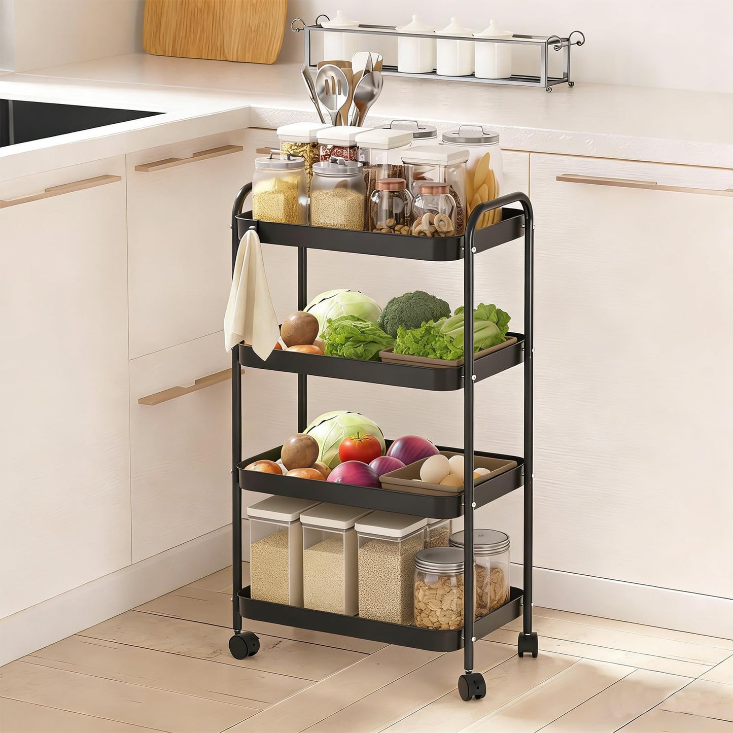 Metal Rolling Cart with Wheels, Utility Storage Cart with Handle and Lockable Casters, Storage Basket Organizer Shelves, Easy Assemble for Kitchen, Living Room, Office, Nursery (Black-4Tiers)