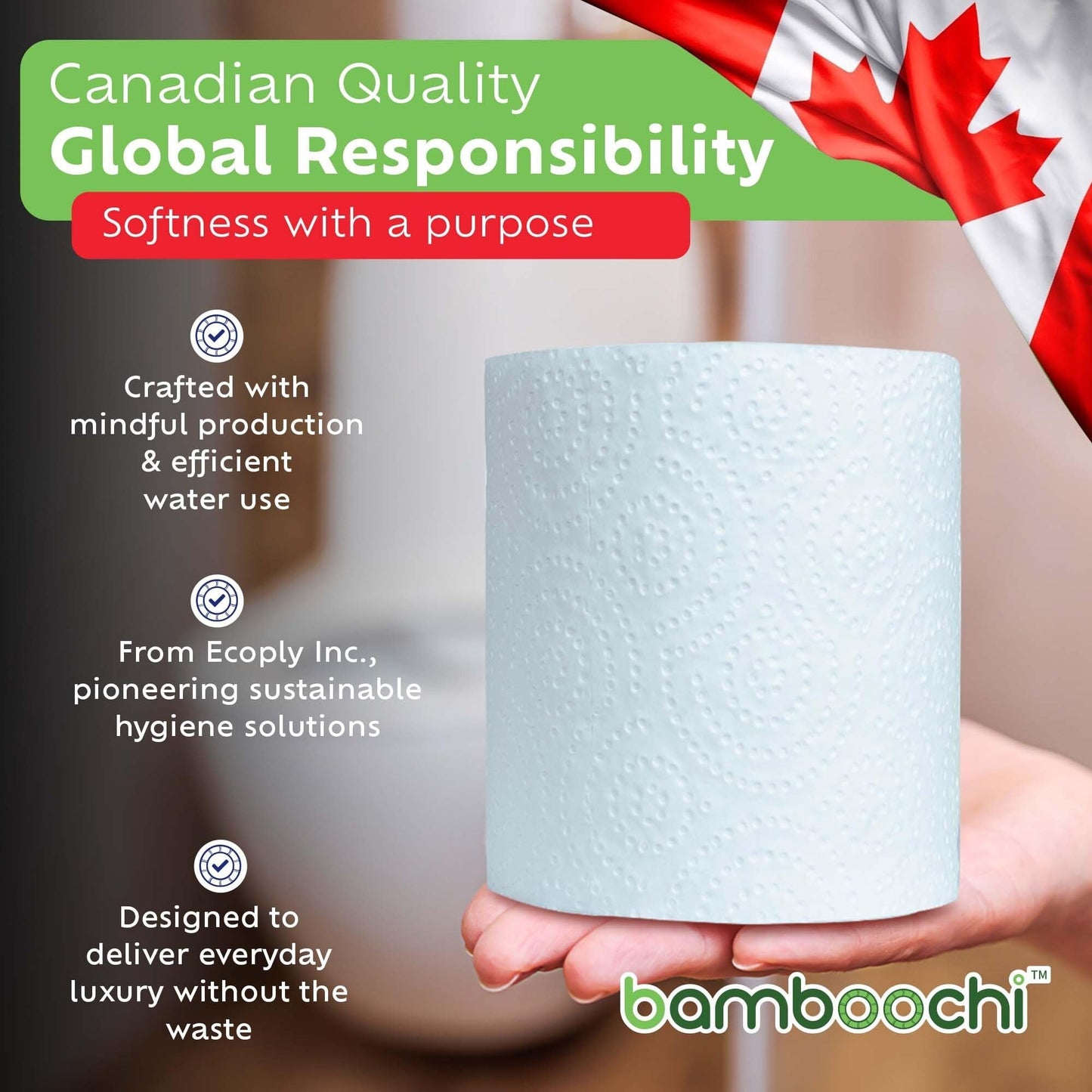 Bamboochi Bamboo Toilet Paper, Septic Safe Toilet Paper 2 Ply 24 Rolls 300 Sheets Per Roll, Soft Unscented Bath Tissue, RV Safe, Eco-Friendly, Non Chlorine, PFAS Free, Proudly Made in Canada