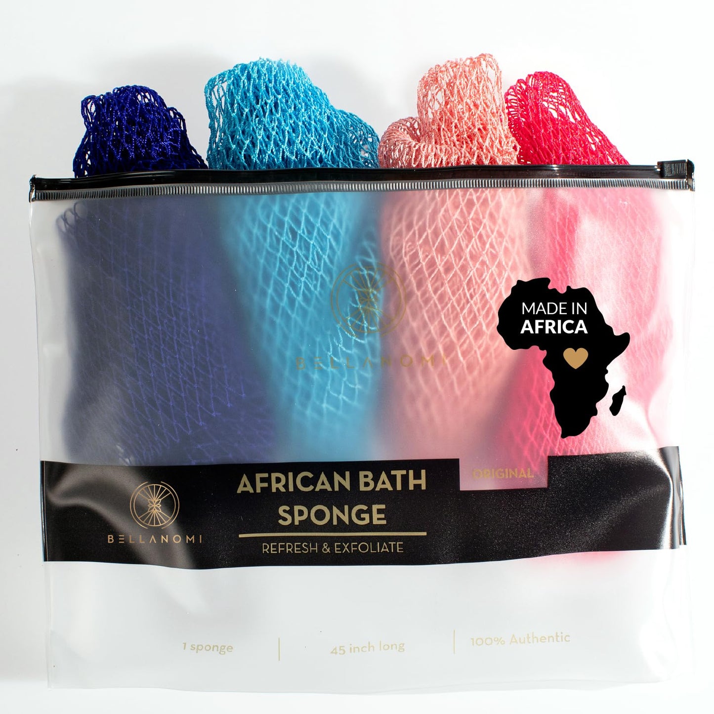 BELLANOMI 4 Piece African Exfoliating Net Sponge Long African Bath Sponge, Authentic Ethically Sourced from Nigeria, Great for Daily Use (Navy Blue, Baby Blue, Blush, Barbie Pink)