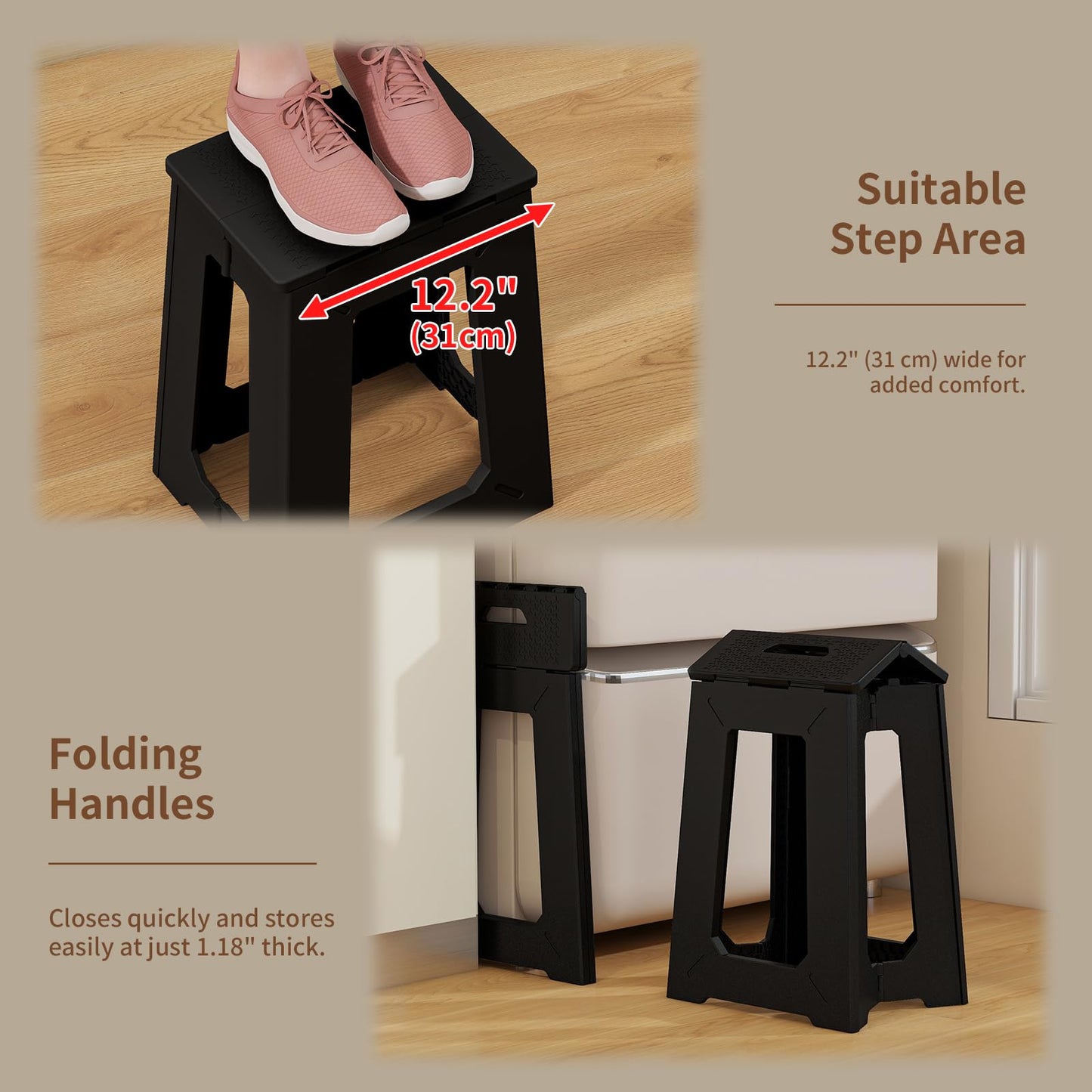 BLACKSPACE Step Stool for Adults, 17-Inch Folding Foot Stool for Kitchen, Foldable Design with Anti-Slip Pads, 300 lbs Weight Capacity, Premium Folding Step Stool for Safety and Convenience (Black)