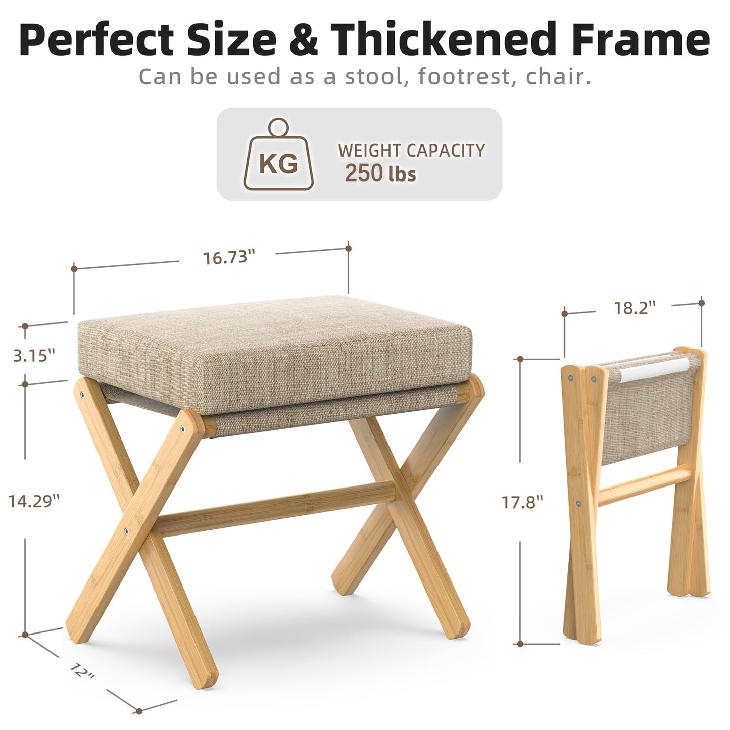 BAMBOOHOMIE Foldable Foot Stool Ottoman, Modern Foot Rest with Bamboo X Legs & Thick Foam Cushion, Folding Foot Stools Small Padded for Bedroom Living Room, Makeup Vanity Stool Chair (Natural - Brown)