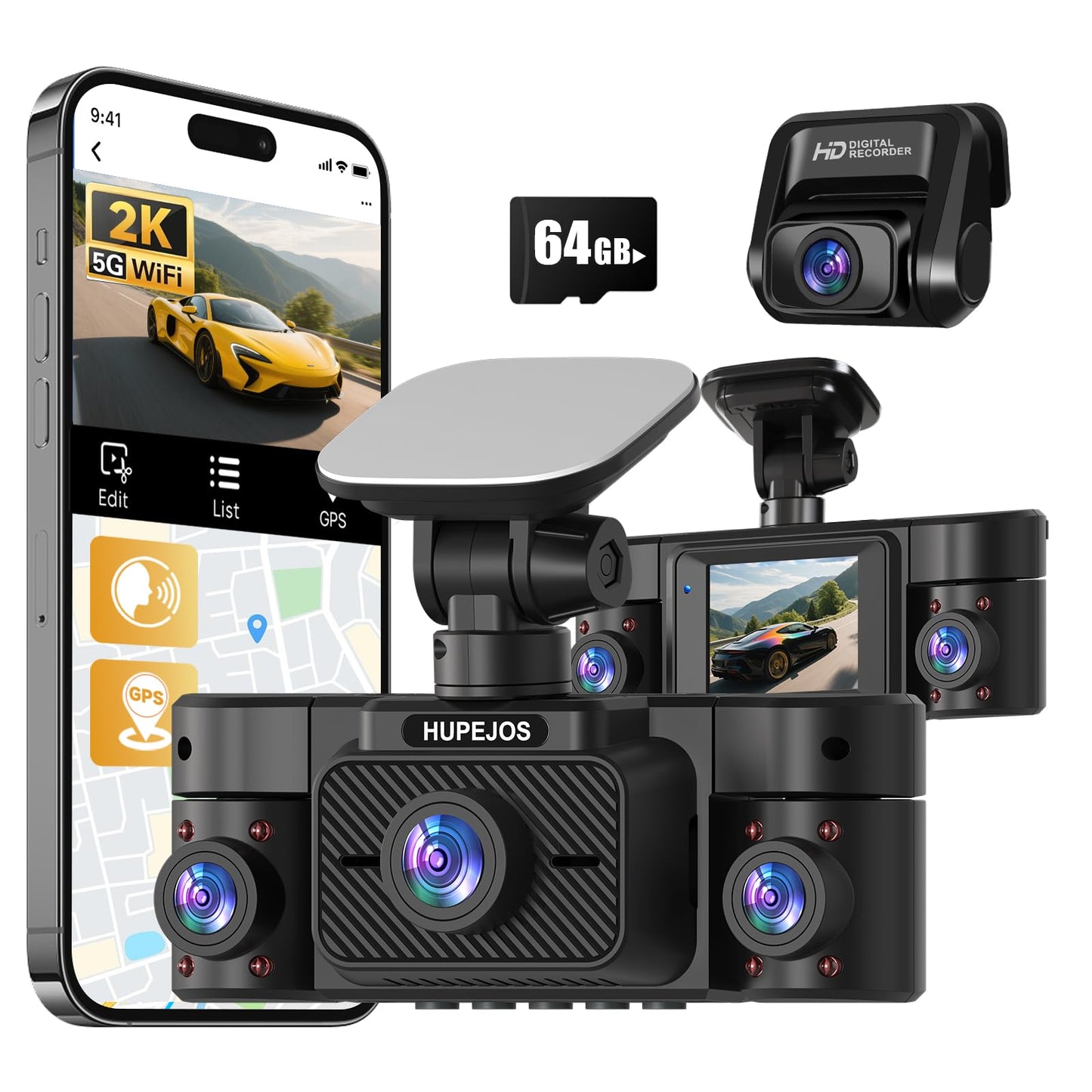 4K Dash Cam, Dashcam Front and Rear, Car Camera 4 Channel, 4K/2K UHD Dash Camera for Cars, Dash Cam Built-in 5GHz WiFi GPS Voice Control, Night Vision, with 64GB Card, 24H Parking Mode V50
