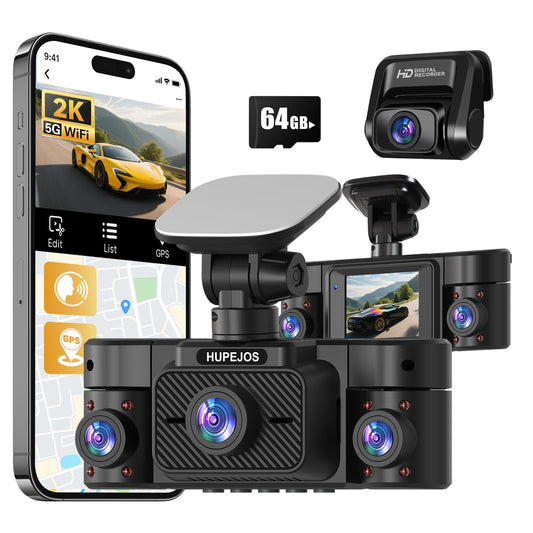 4K Dash Cam, Dashcam Front and Rear, Car Camera 4 Channel, 4K/2K UHD Dash Camera for Cars, Dash Cam Built-in 5GHz WiFi GPS Voice Control, Night Vision, with 64GB Card, 24H Parking Mode V50