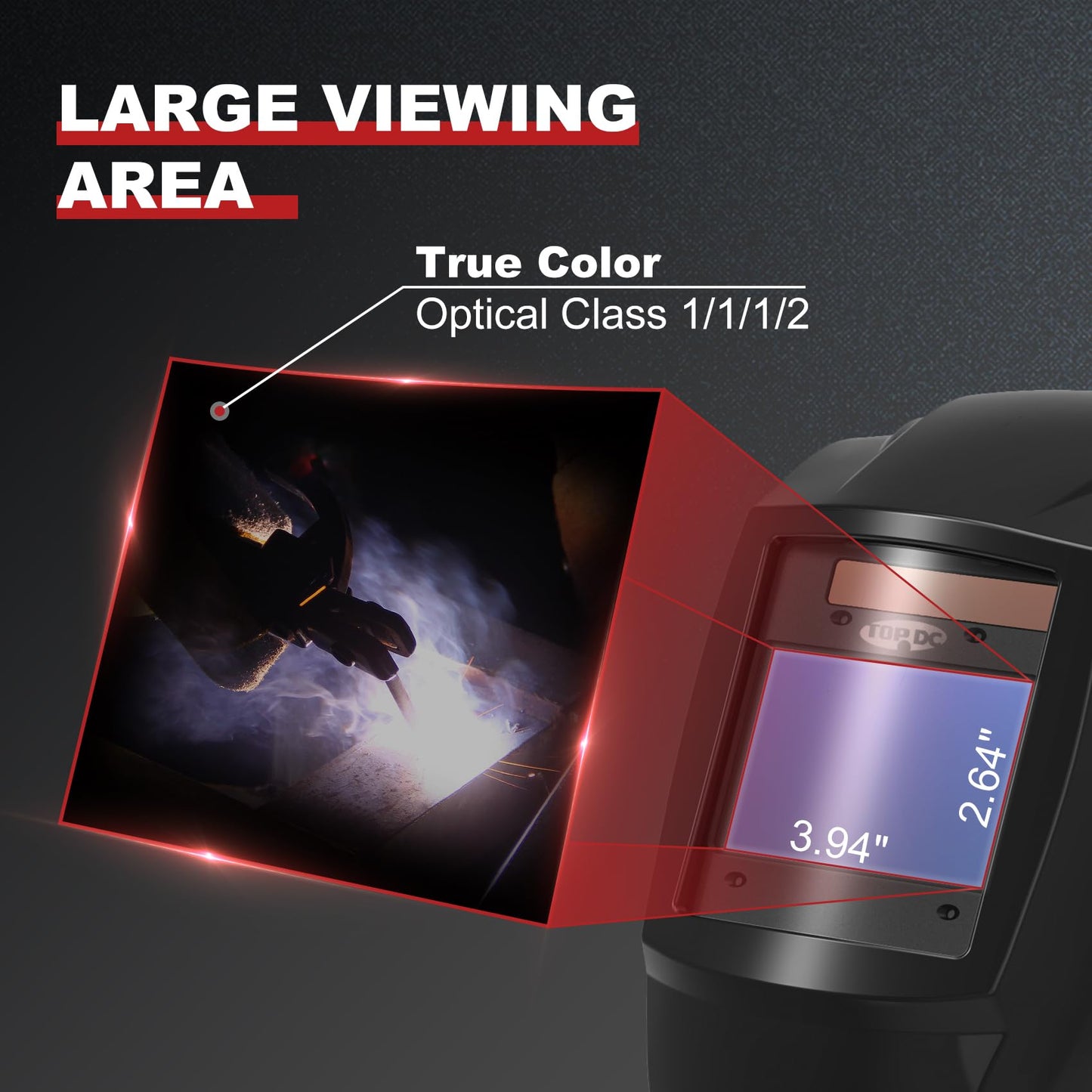 TOPDC Large Viewing Screen 3.93'X2.63' Solar Power Auto Darkening Welding Helmet with Optical Class 1/1/1/2, Shade Range 4/5-9/9-13 with Grinding Feature for TIG MIG MMA Plasma