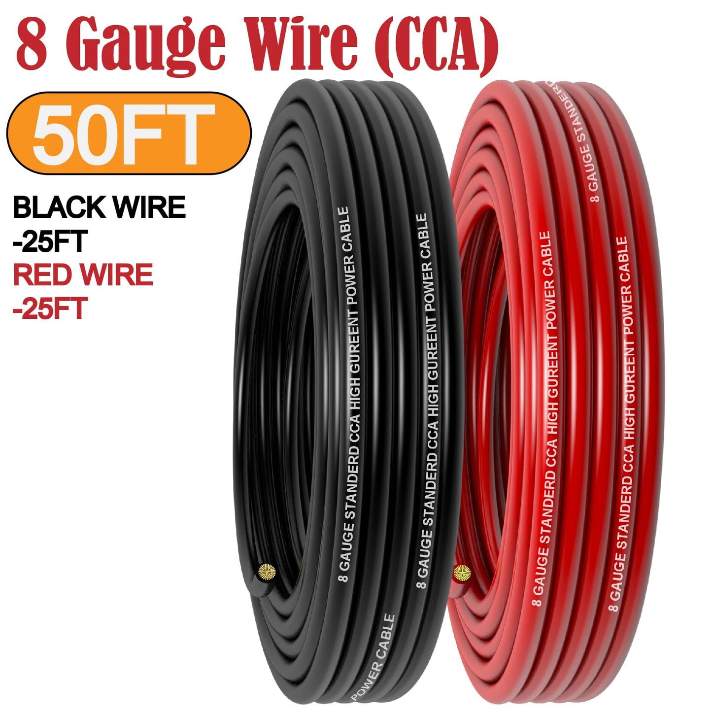 8 Gauge Wire (25FT Red+25FT Black) Copper Clad Aluminum CCA,60A Fuse Holder,20 Pcs Lugs,20 Pcs 2:1 Heat Shrink Tubes,Car Amplifier Power&Ground Cable,Primary Automotive Wire