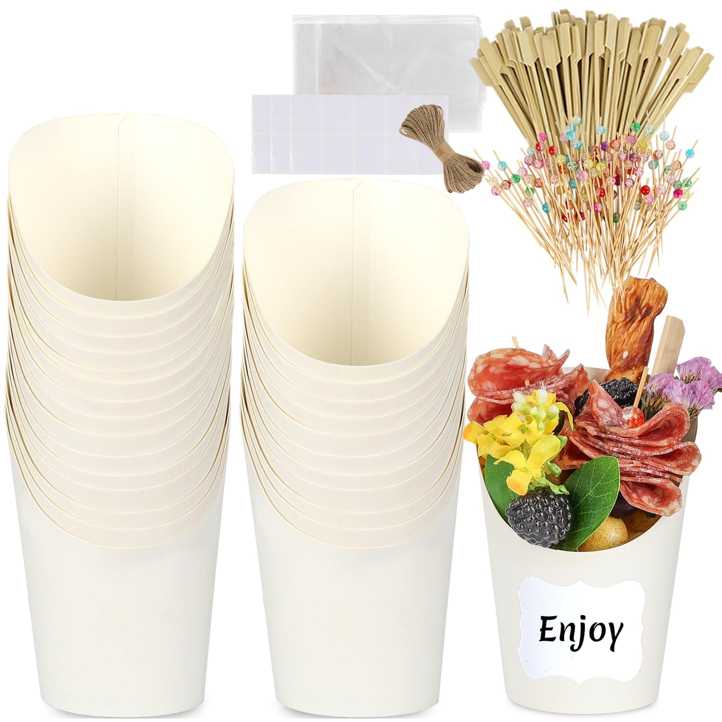 Woixiow 50 Pcs 14oz Paper White Charcuterie Cups with 200 Bamboo Sticks & 50 Clear Bags, Elegant Disposable Snack Cups for Weddings, Baby Showers, Picnics & Holiday Parties