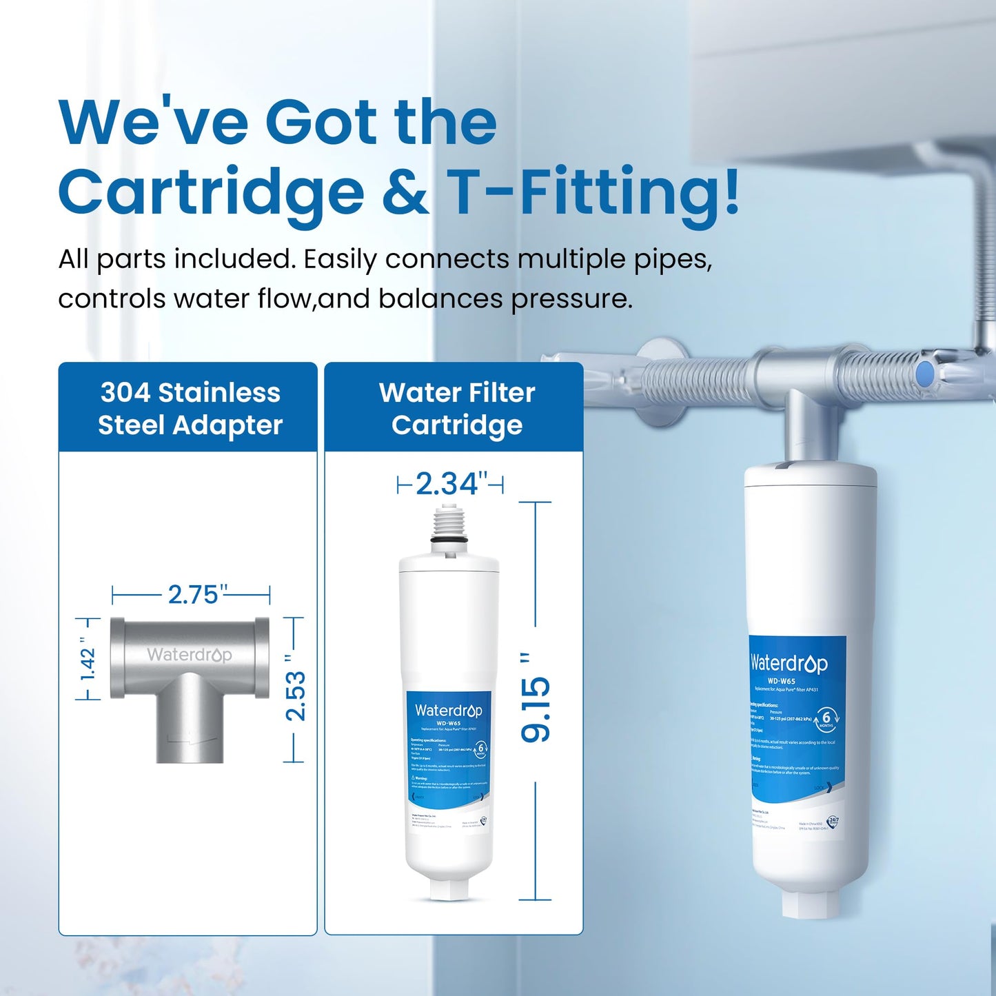 Waterdrop Whole House Scale Inhibitor Inline Water System, Replacement for Aqua-Pure AP430SS, Prevent Scale Build Up On Hot Water Heaters and Boilers, 304 Stainless Steel