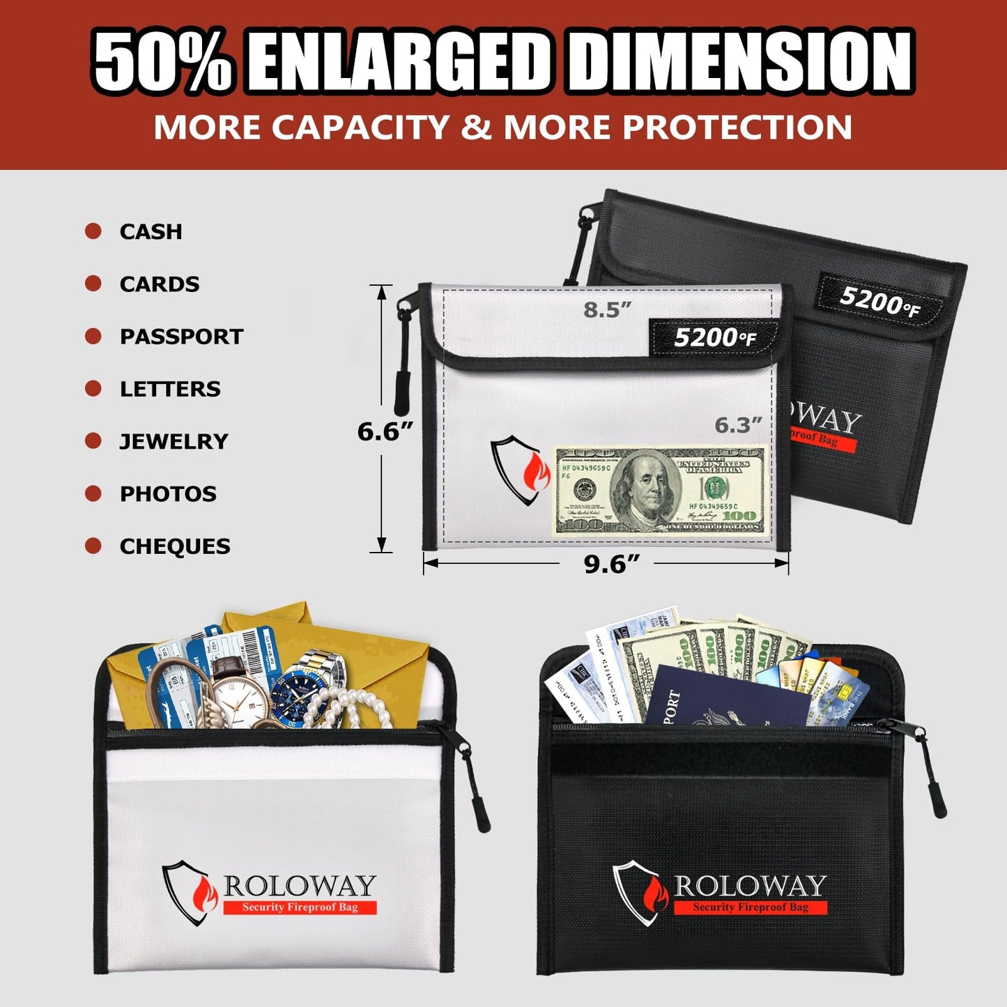 ROLOWAY Fireproof Bag (9.6 x 6.6 inches) 5200°F Heat Insulated, Fireproof Money Bag with Zipper for Cash, Fireproof Safe Bank Bag, Fireproof Money Organizer for Cash (2-Pack)