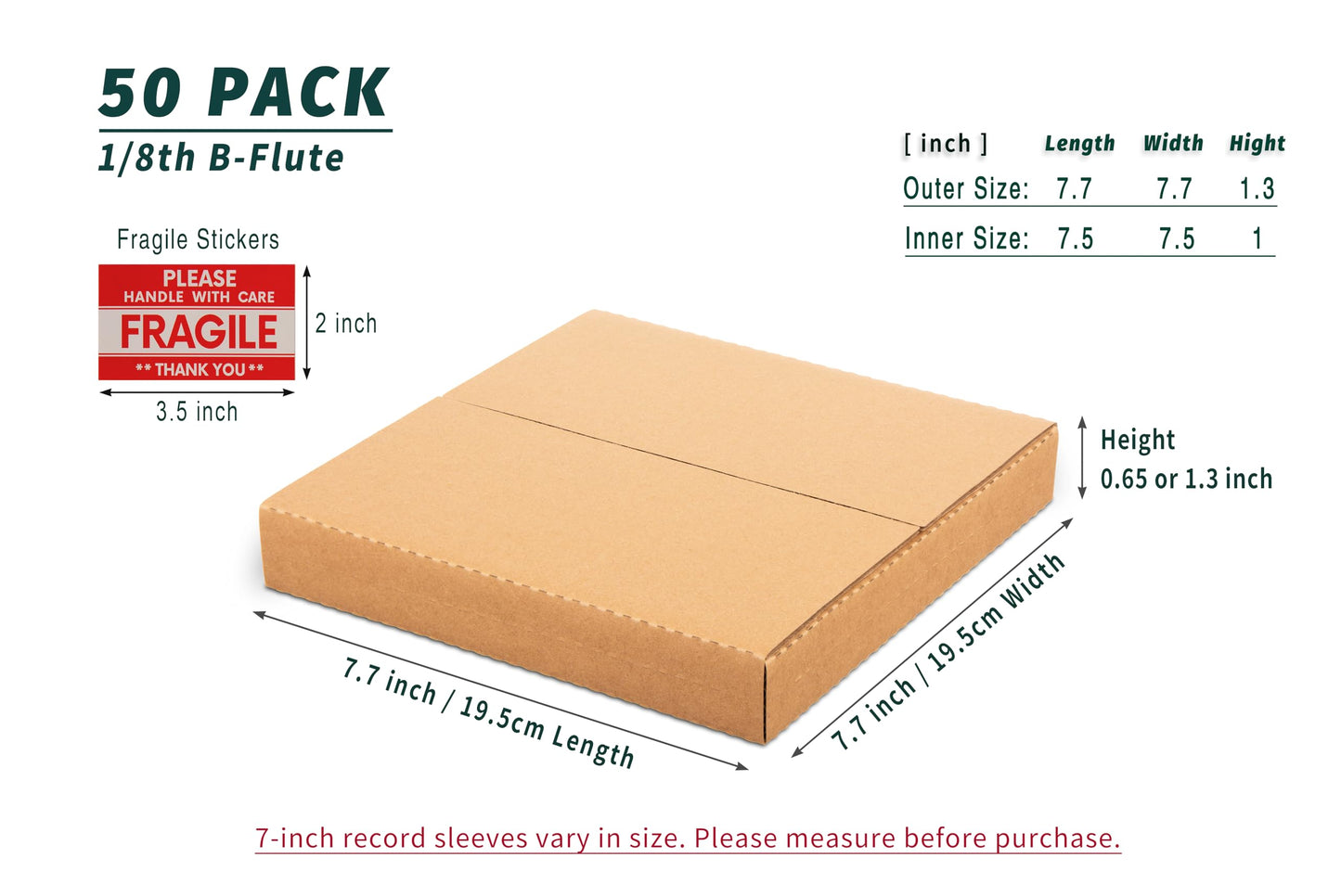 Wisaiboxl 7 inch 45 RPM Vinyl Record Shipping Boxes 7.5"L x 7.5"W x 1"H Easy Fold, Multi Depth Corrugated Cardboard Box with Fragile Stickers for Shipping, Packing, Moving, Storage, Brown, 50 Pack
