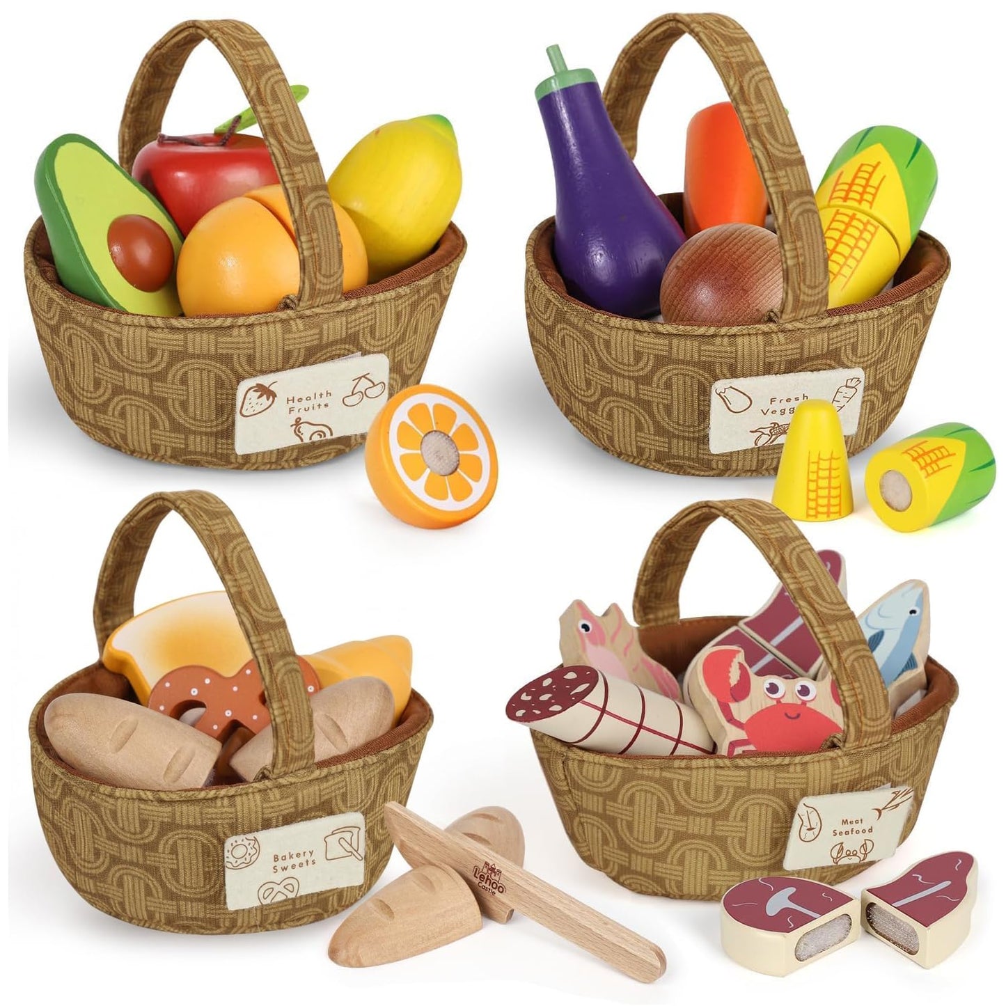 Lehoo Castle Wooden Play Food for Toddlers, Toys Food for Kids Kitchen Accessories, 4 Food Groups Pretend Cutting Fruits, Montessori Toys for Toddlers 2 3 4 Years Old Girls Boys
