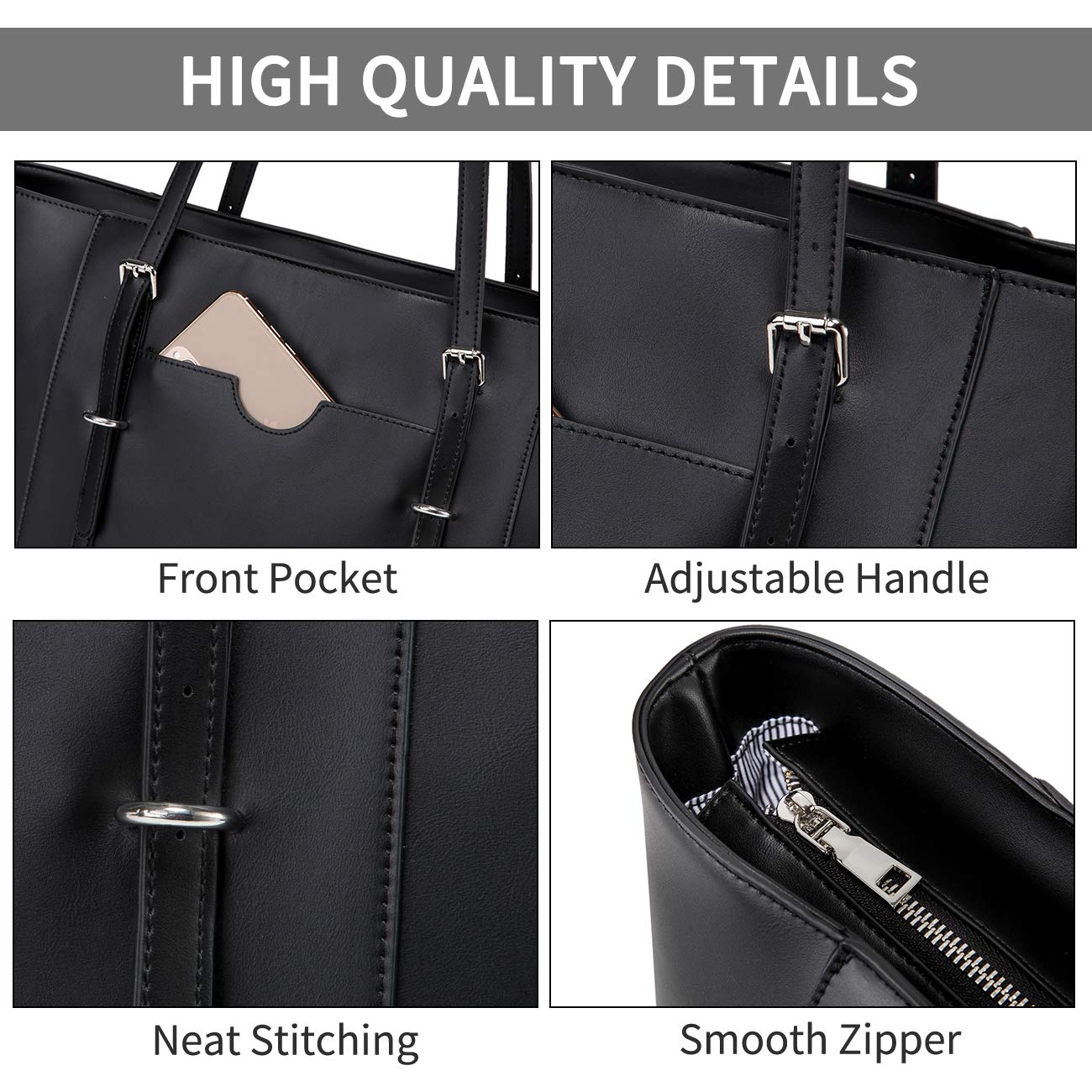 Laptop Tote Bag for Women, VASCHY PU Leather Water Resistant 15.6 inch Satchel, Large Teacher Shoulder Bag for Travel, Work Black