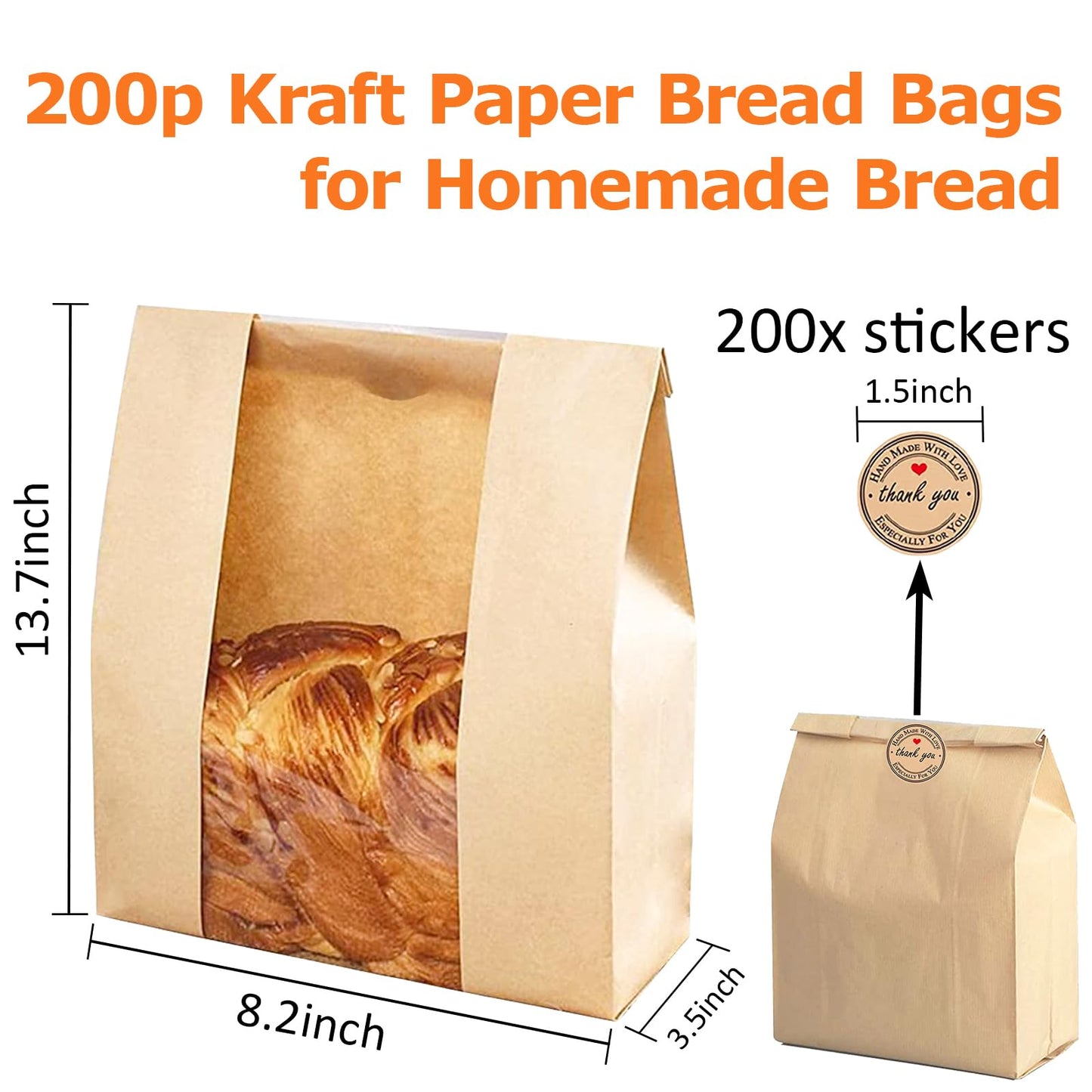 200 Pack Bread Bags for Homemade Bread Kraft Paper Bread Bags for Storing Loaves & Snacks Sourdough Bread Bags with Clear Window 13.7x8.2x3.5 Inch with Label Stickers