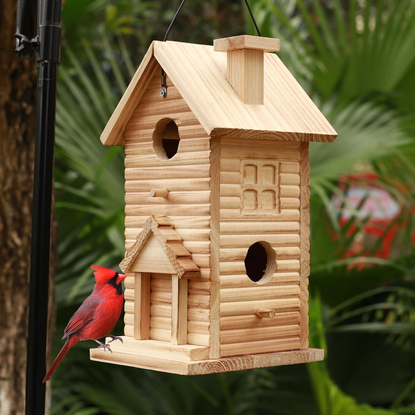 Wooden Bird House Outside Hanging, Carved Window Decorations, Outdoor Birdhouses 2 Hole