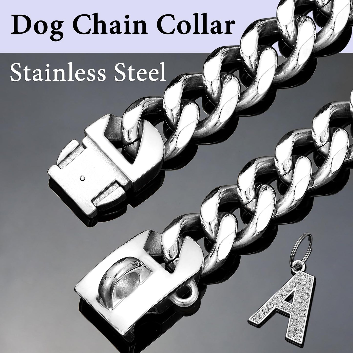 Heavy Duty Gold Dog Chain Collar with Pendant Set 23mm Wide Solid Cuban Link Chains Strong Stainless Steel Chew Proof Collars for Pitbull Large Dog(Silver,22IN)