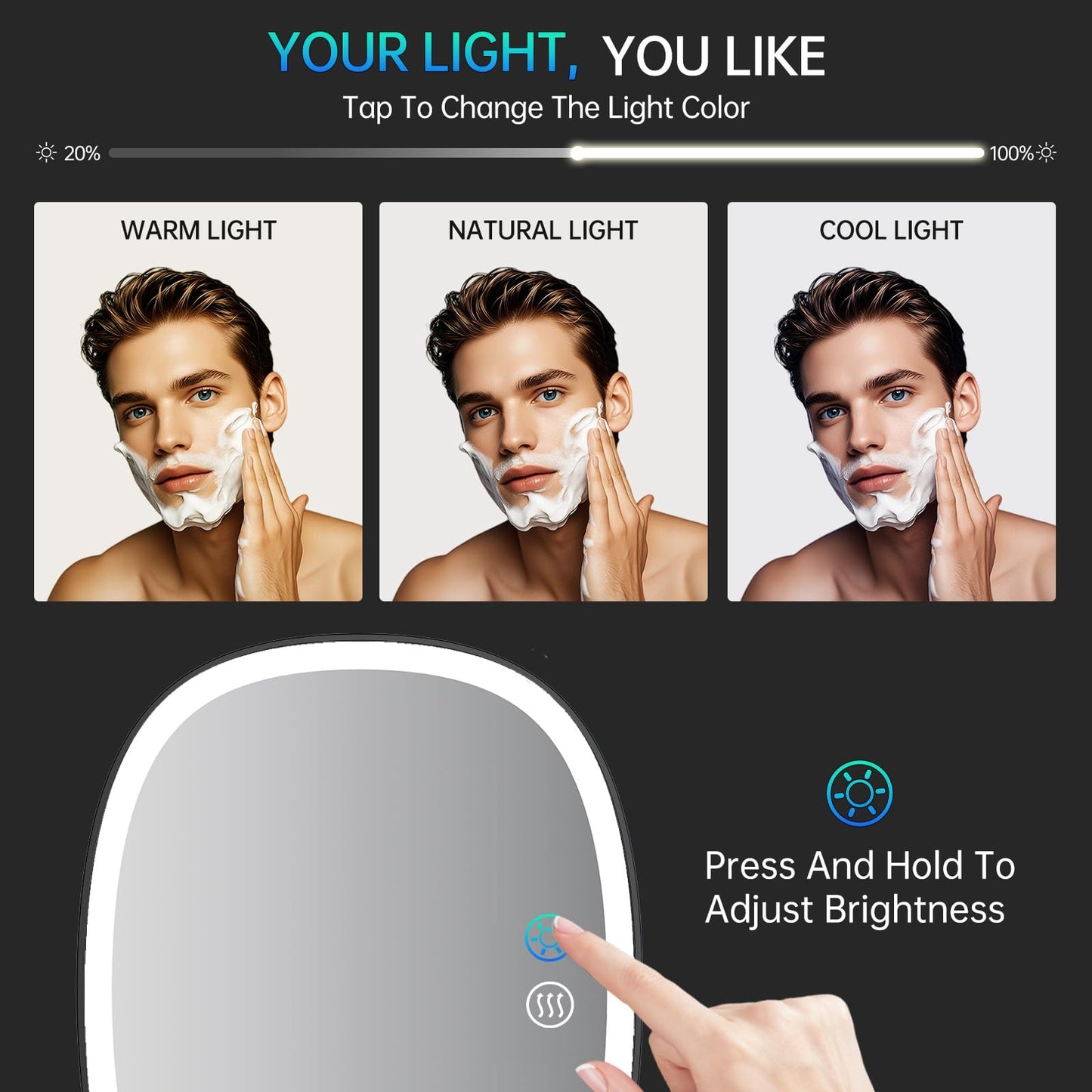 COSMIRROR Heated Shower Mirror Fogless for Shaving, Lighted with 3 Color Modes, Dimming, Rechargeable, Anti-Fog, 360°Rotation, 8.5L x 6.7W inches, Wall Mount
