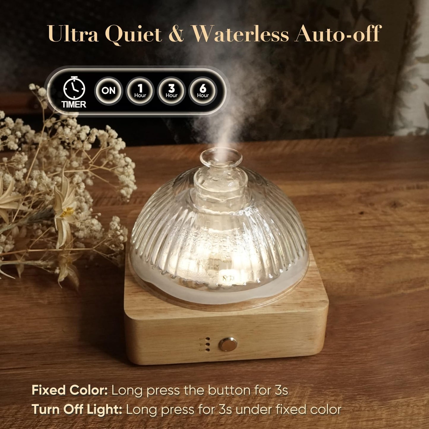 Glass Dome Essential Oil Diffuser with Glass Reservoir & Wood Base-Plastic Free, 200ml Ultrasonic Glass Diffuser for Aromatherapy with Timer 7 Color Light Auto-Off for Gift Home Office Yoga Pilates