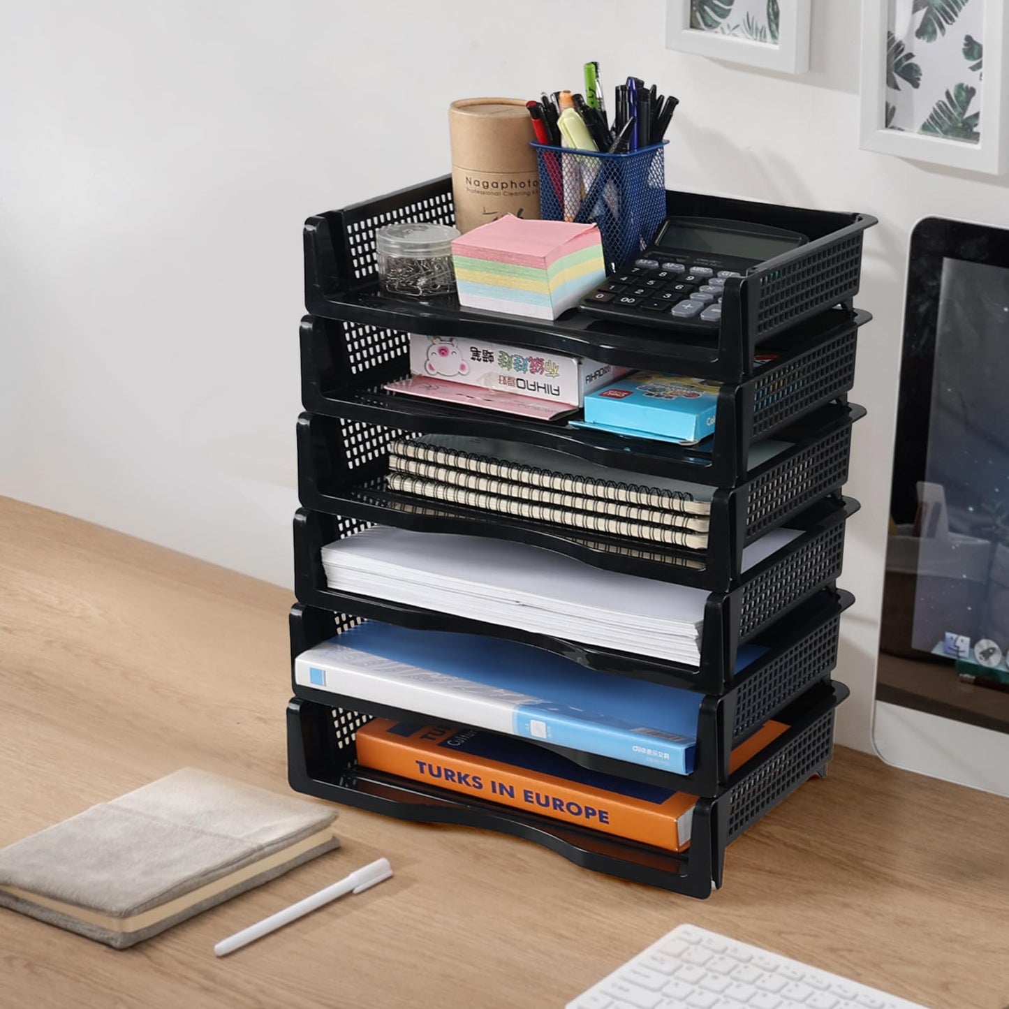 Lasbily 6 Tiers Stackable A4 File Tray, Plastic Desk Letter Tray, Stackable Office Letter Tray, Black