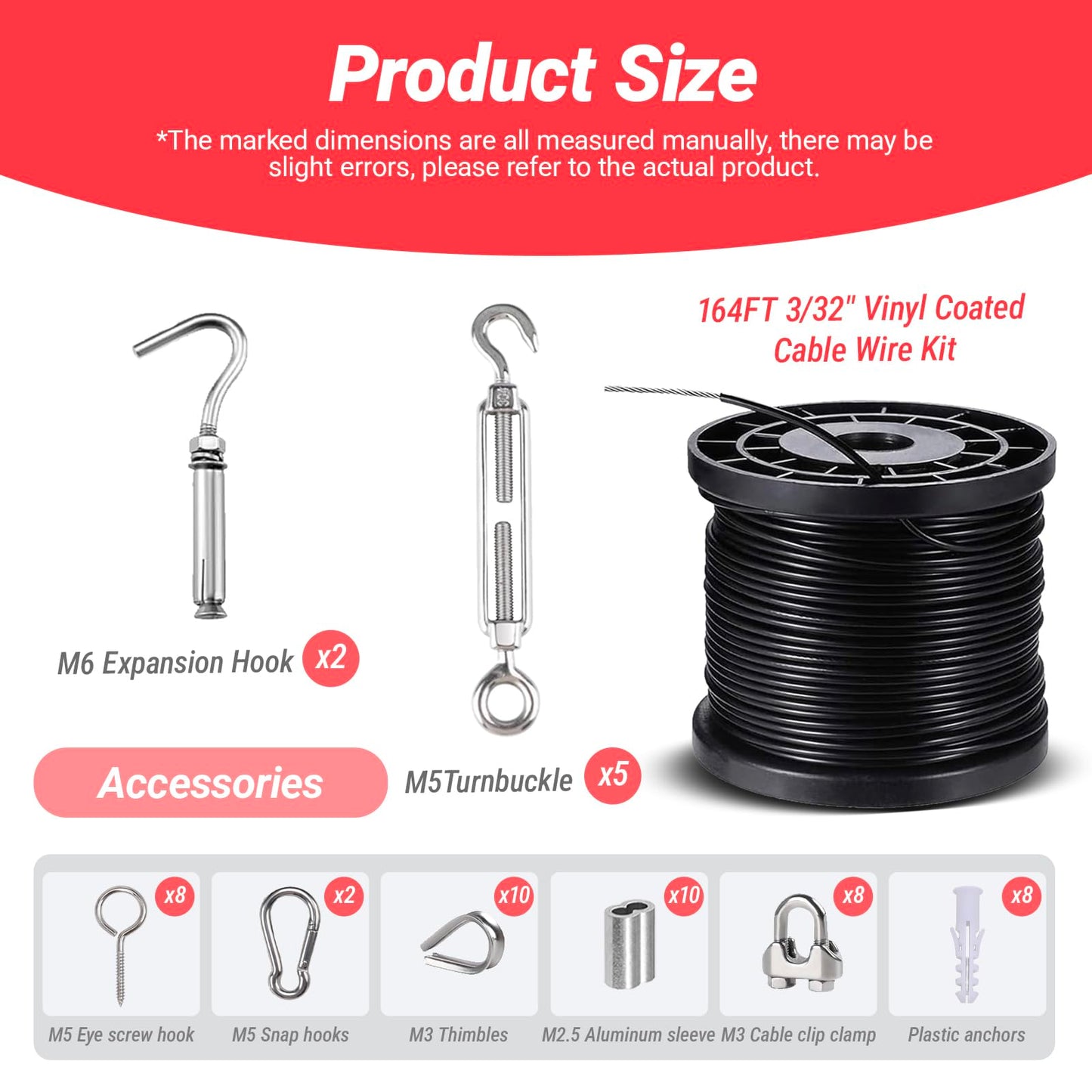 164FT 1/16" Black Wire Rope Kit, Vinyl Coated 304 Stainless Steel Wire Cable, 7x7 Strands 920LBS Breaking Strength, M5 Turnbuckle for Cable Wire, String Light Hanging Kit for Outdoor, Garden
