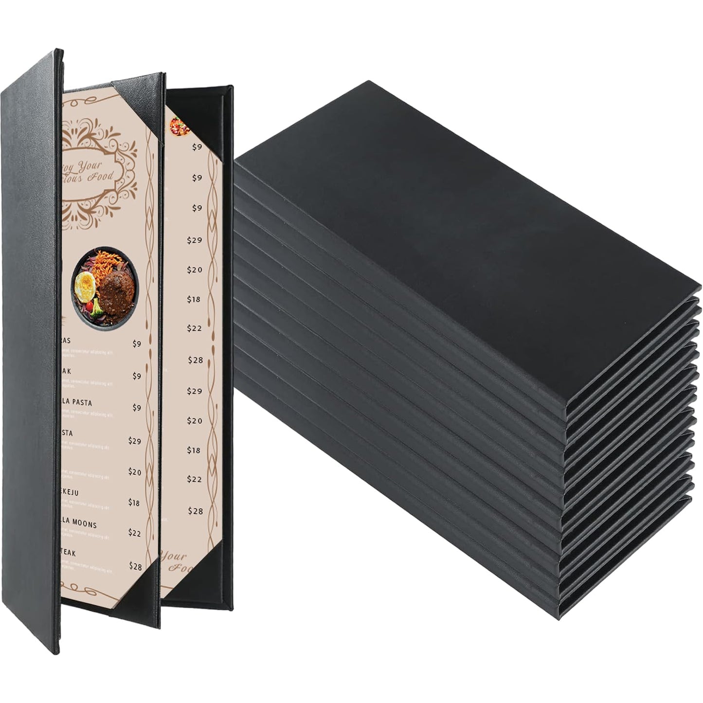 FLKQC Menu Covers 4.25" x 11" | 10PCS Menu Holders Leather Restaurant Menu Sleeves Double Fold Panels 4 View Angled Corners Black for Wine List, Drinks (10, 4.25" x 11")