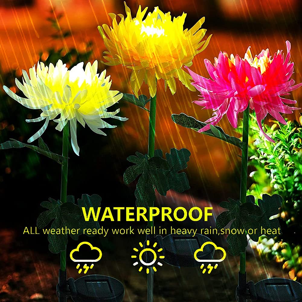 Kordain Outdoor Solar Garden Stake Lights, 3 Pack Chrysanthemum Flower Waterproof LED Decorative Powered Lights for Pathway Walkway Lawn Yard Cemetery (Yellow, Red, White)