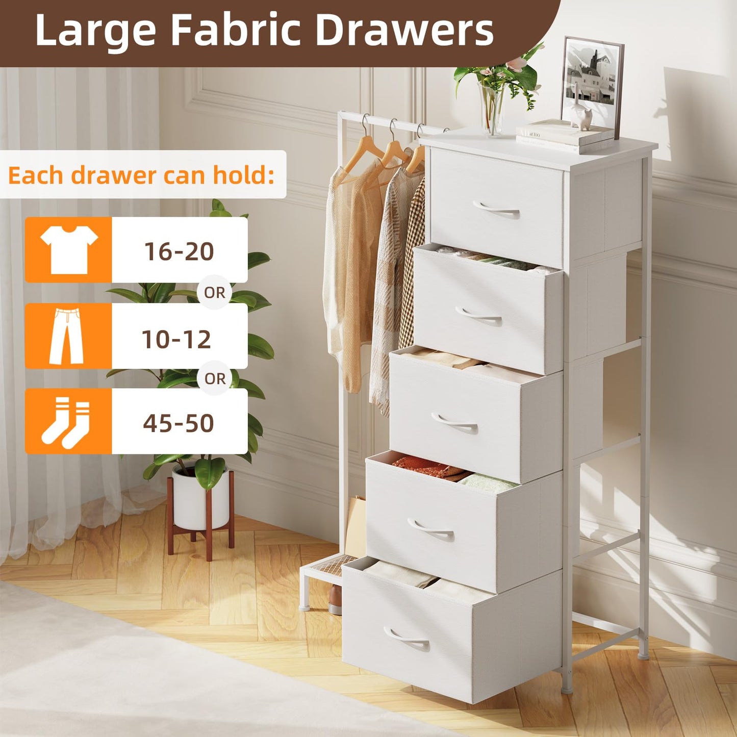 Somdot Dresser with Hang Rack,5 Drawers Small Dresser for Bedroom,Reversible Fabric Chest of Drawers with Clothes Rack,Tall Storage Tower for Closet,Living Room,White Leather