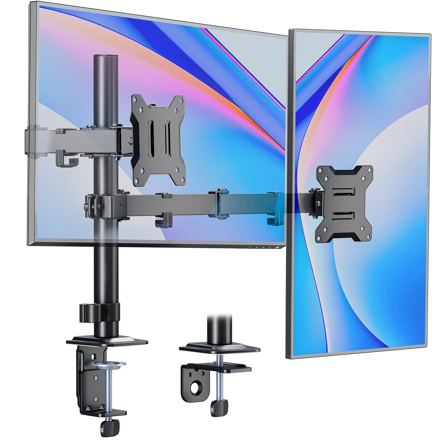 monTEK Dual Monitor Stand for 17"–32” Computer, Adjustable Height Stable Monitor Mount Fit up to 32 inch Screen, Hold up to 22lbs Weight, C-Clamp and Grommet, VESA 75x75mm/100x100mm