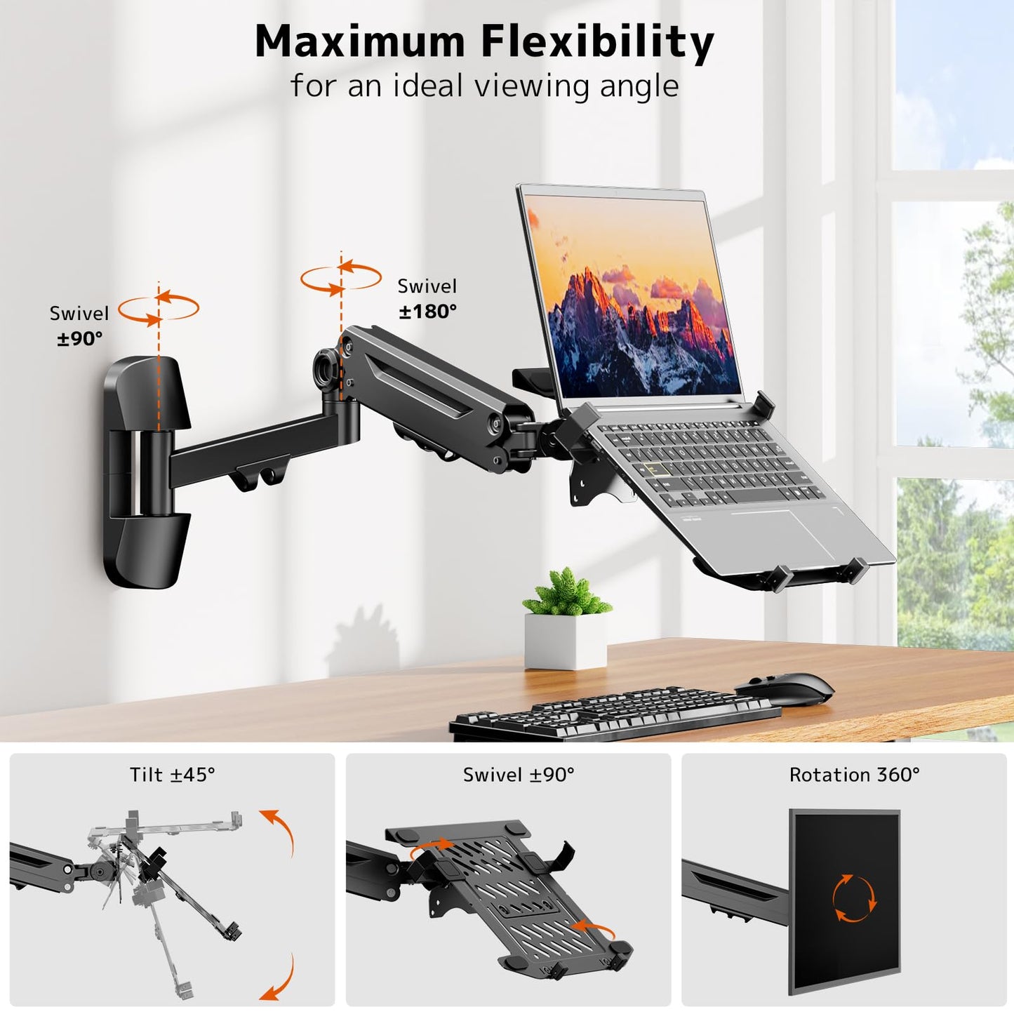 PUTORSEN Laptop Wall Mount, 2-in-1 Monitor Wall Mount for 10-17'' Notebook & 17-40" Screen, Full Motion Adjustable with Laptop Tray, Holds 2.2-26.4 lbs, VESA 75/100mm (Black)