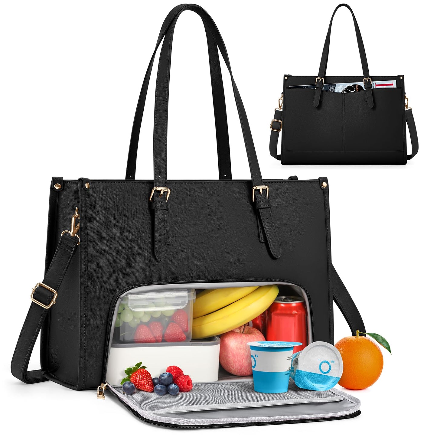 RAINSMORE Laptop Bags for Women Insulated Lunch Compartment Tote Bags for Women 15.6 Inch Work Bag Women Waterproof PU Leather Work Tote Bags for Women Business Daily Camping Laptop Tote Bag Black