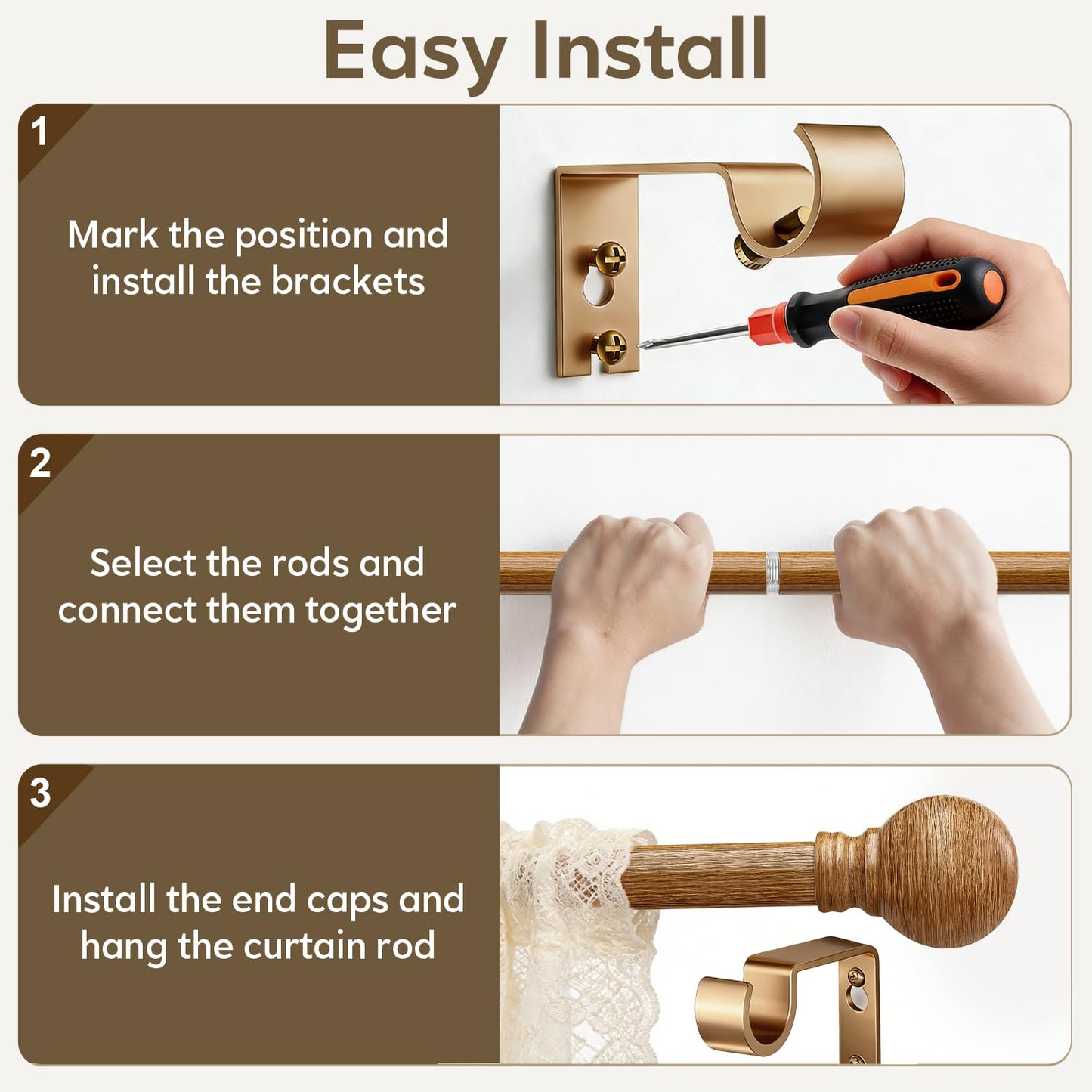 Boho Wood Curtain Rods for Windows 48 to 84 inch 1" Diameter Adjustable Heavy Duty Window Curtain Rod with Decorative Wooden Grain Finials Drapery Rods for Living Room Bedroom Kitchen Farmhouse