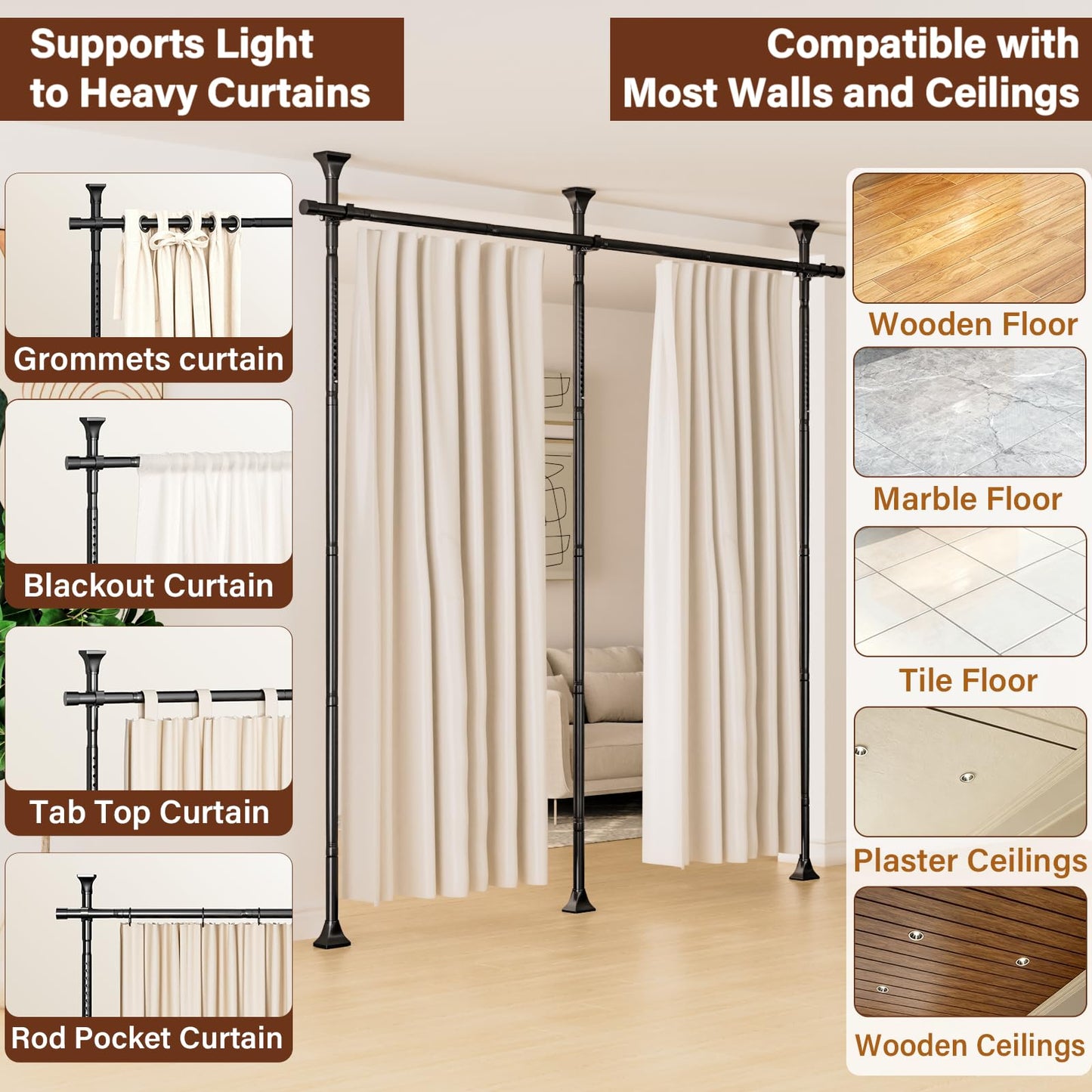 Room Divider Curtain Rod, No Drilling Tension Curtain Rod, 4-10ft H x 28-114in W Adjustable, Heavy Duty Freestanding Room Divider for Space Partition & Room Separation, Black