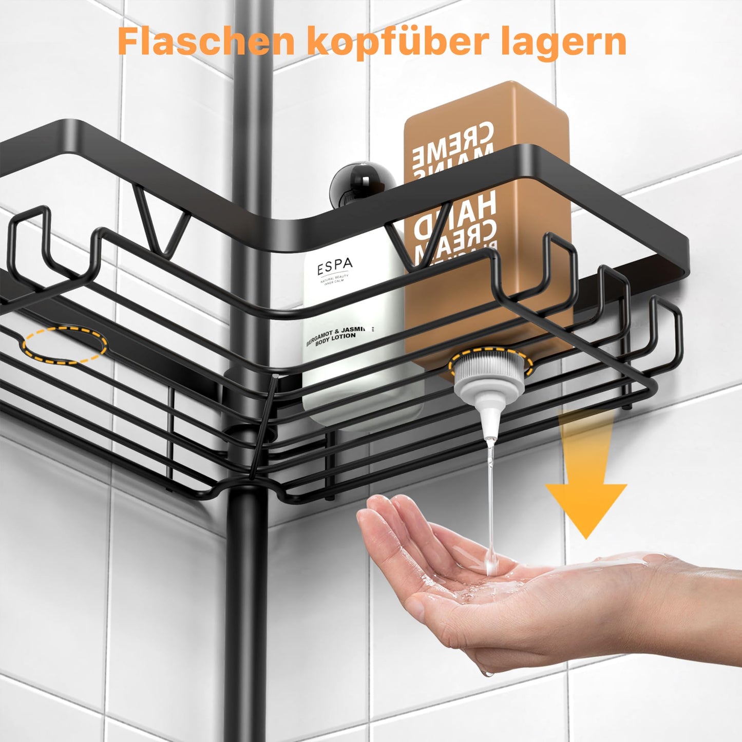 KEGII Corner Shower Caddy Tension Pole, Rustproof Bathroom Organizer with Hooks & Soap Holder, Adjustable from 25 to 114.2 inch, 4-Tier Corner Shower Rack for Bathtub Shampoo Storage - Black