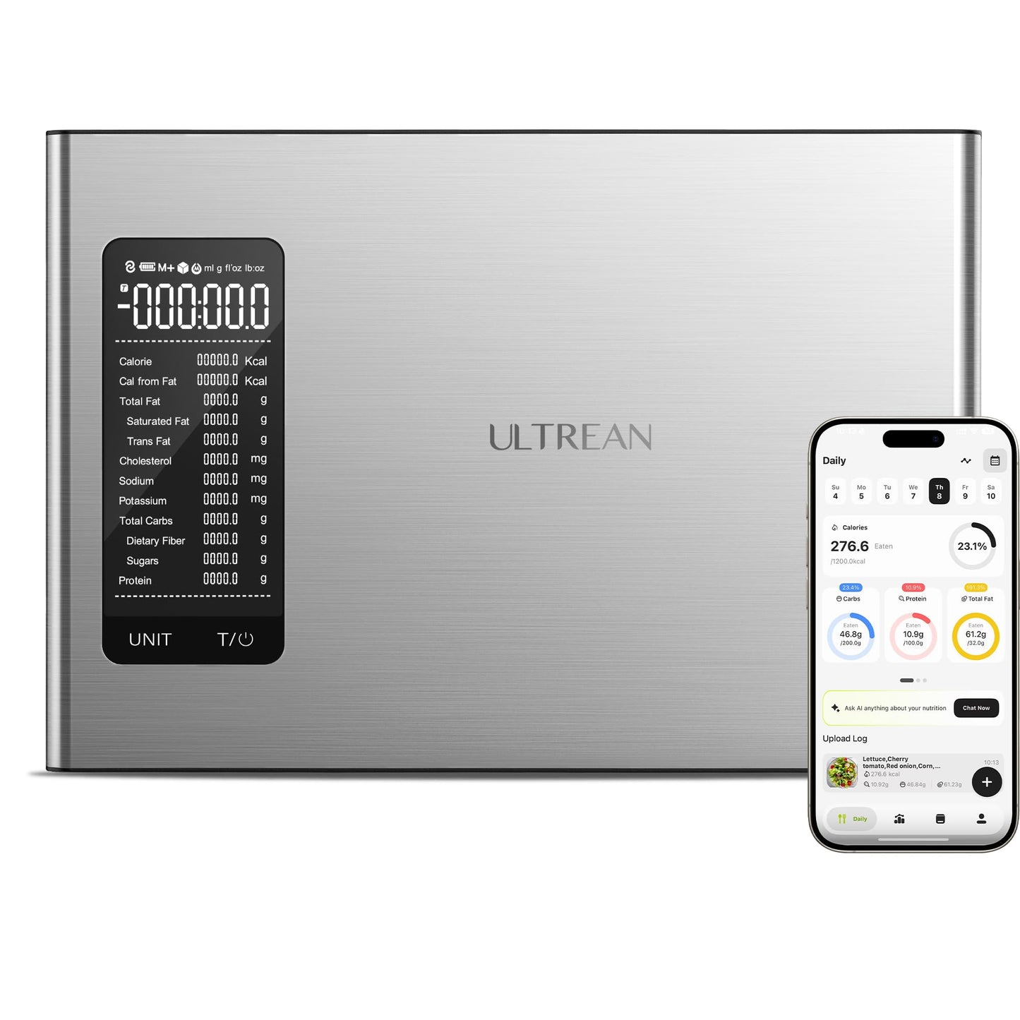 Ultrean Smart Food Kitchen Scale with Nutritional Calculator, Digital Grams and Ounces for Weight Loss, 19 Facts Tracking, Baking, Cooking, Portion Control, Macro, Keto, 10kg/22lb, Stainless Steel
