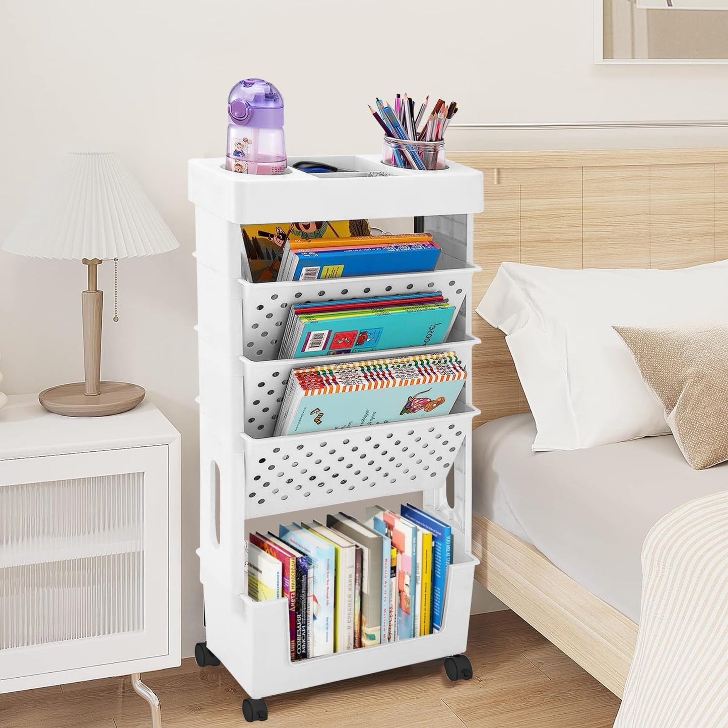 Rolling Bookshelf Cart, 5 Tier Multi-Functional Movable Book Cart, Mobile Bookshelf on Wheels with Pen Holder for Office, Dorm, Classroom, Kitchen