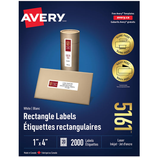 Avery White Rectangle Labels, 1" X 4" Rectangle Label with Easy Peel for Laser/Inkjet Printers, Shipping/Addressing, Permanent Labels, Printable Blank 2000 Labels, (5161) Made in Canada