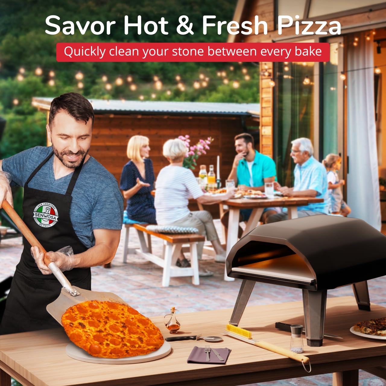 26” Pizza Oven Brush with Stone Scraper - Stainless Steel Bristles, Extra Long Handle, Heat-Resistant - Compatible with Ooni, Gozney and Similar Ovens - Includes Spare Head
