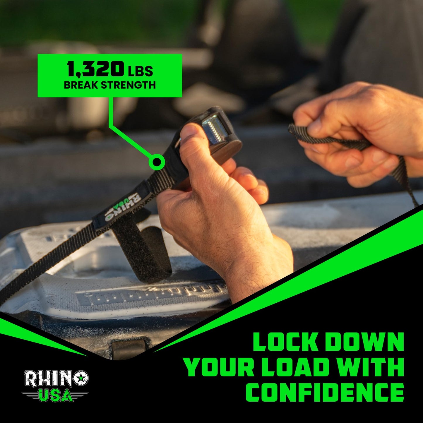 Rhino USA Lashing Tie Down Straps (4PK) - 1,320lb Guaranteed Max Break Strength, Includes (4) Heavy Duty 1in x 12ft Cam Buckle Pull Straps. Best for Securing Cargo, Kayak, Cooler, Roof Rack, Etc