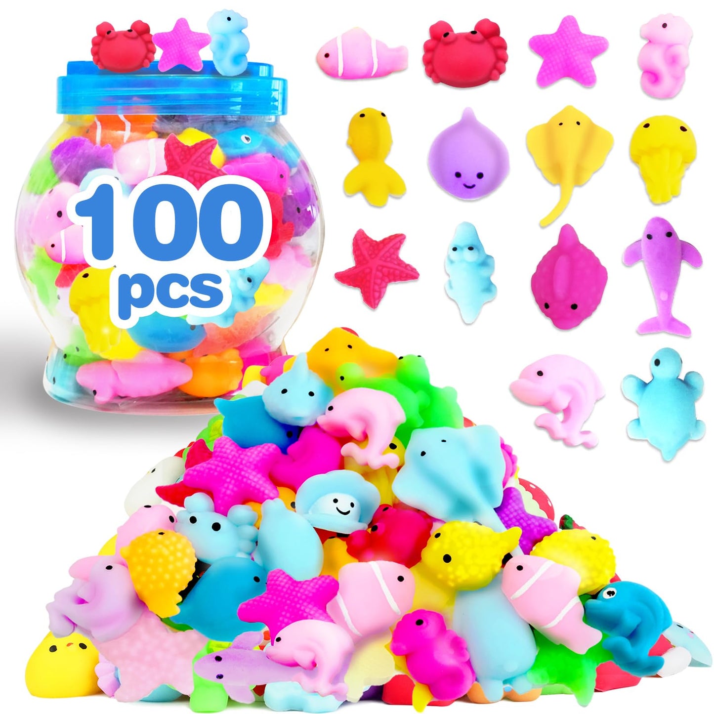 FUNNYB&G Kawaii Mochi Squishies Fidget Toy - 100 pcs Squishy Party Favors Kids Classroom Prize Birthday Goodie Bag Stuffers - Stress Relief Pack for Girls Boys Christmas Valentines Gift (Ocean)